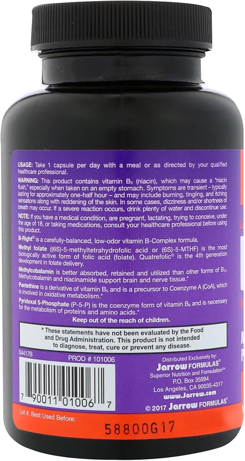 Jarrow Formulas B-Right - Low-Odor Vitamin B-Complex Formula - Energy & Metabolism Support - Promotes Brain, Heart & Cardiovascular Health - 100 Servings (Pack of 1)