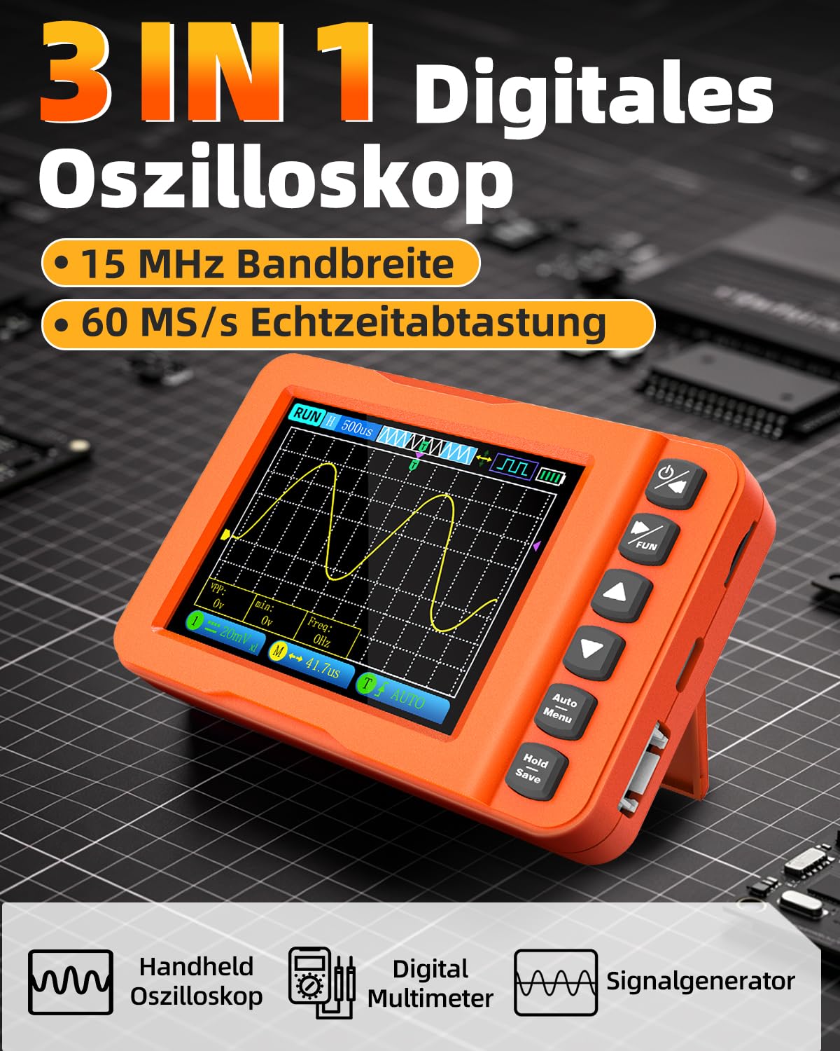 Handheld Oszilloskop 3 IN 1, 15MHz 60MS/s Digitales Oszilloskop Multimeter mit Signalgenerator, Tragbares Oscilloscope mit AC/DC-Spannung, Kapazität, Widerstand, Diodentest für Audio Elektronik