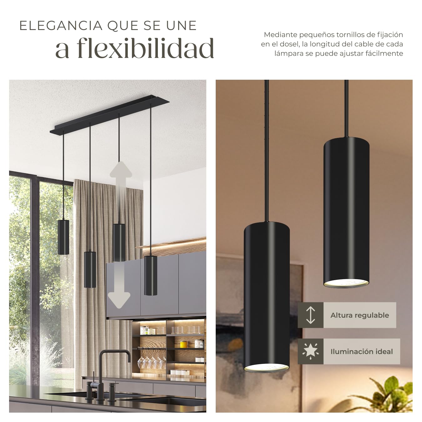 tectake® lámpara de techo colgante moderna estilo industrial, 4 luces GU10, 40 W, lampara salon, instalación fácil con ventosa, altura ajustable, lampara techo dormitorio - Negro