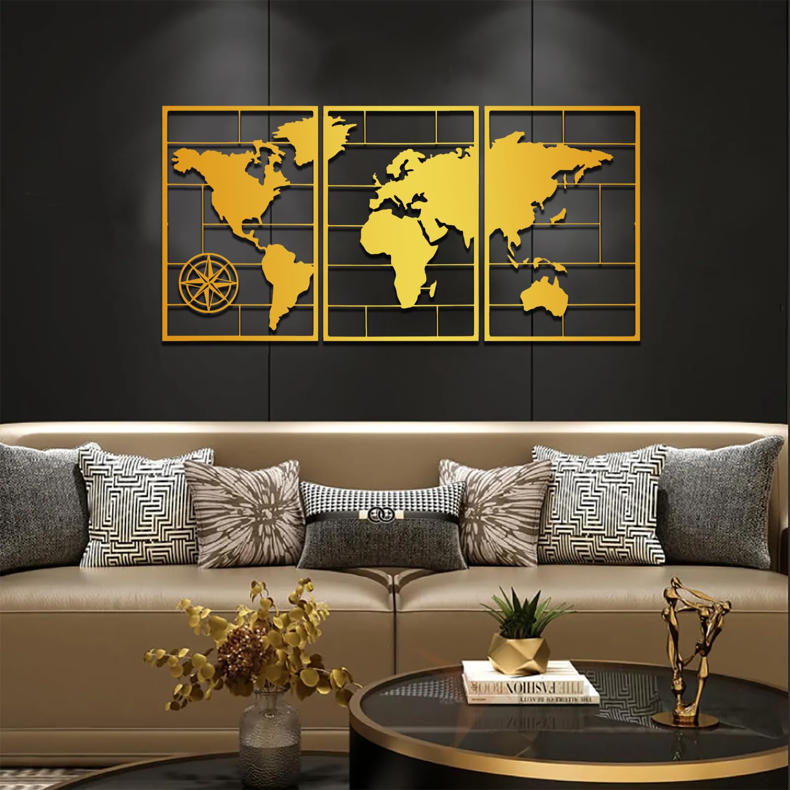 Genérico Arte de Pared de Metal Negro, 3 Piezas, Mapa del Mundo, Estilo 3D, decoración de Oficina, Arte de Pared de Metal, decoración artística, para Sala de Estar, Dormitorio, Pasillo y escaler