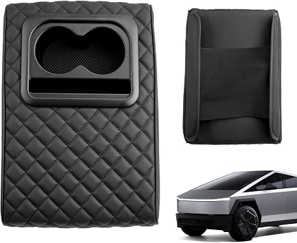 CDEFG 2024 Cybertruck Center Console Cover for 2024 Tesla Cybertruck Accessories Center Armrest Extender Middle Console Extender Pad Tesla Truck Arm Rest SupportBlack Stitches with Cupholders