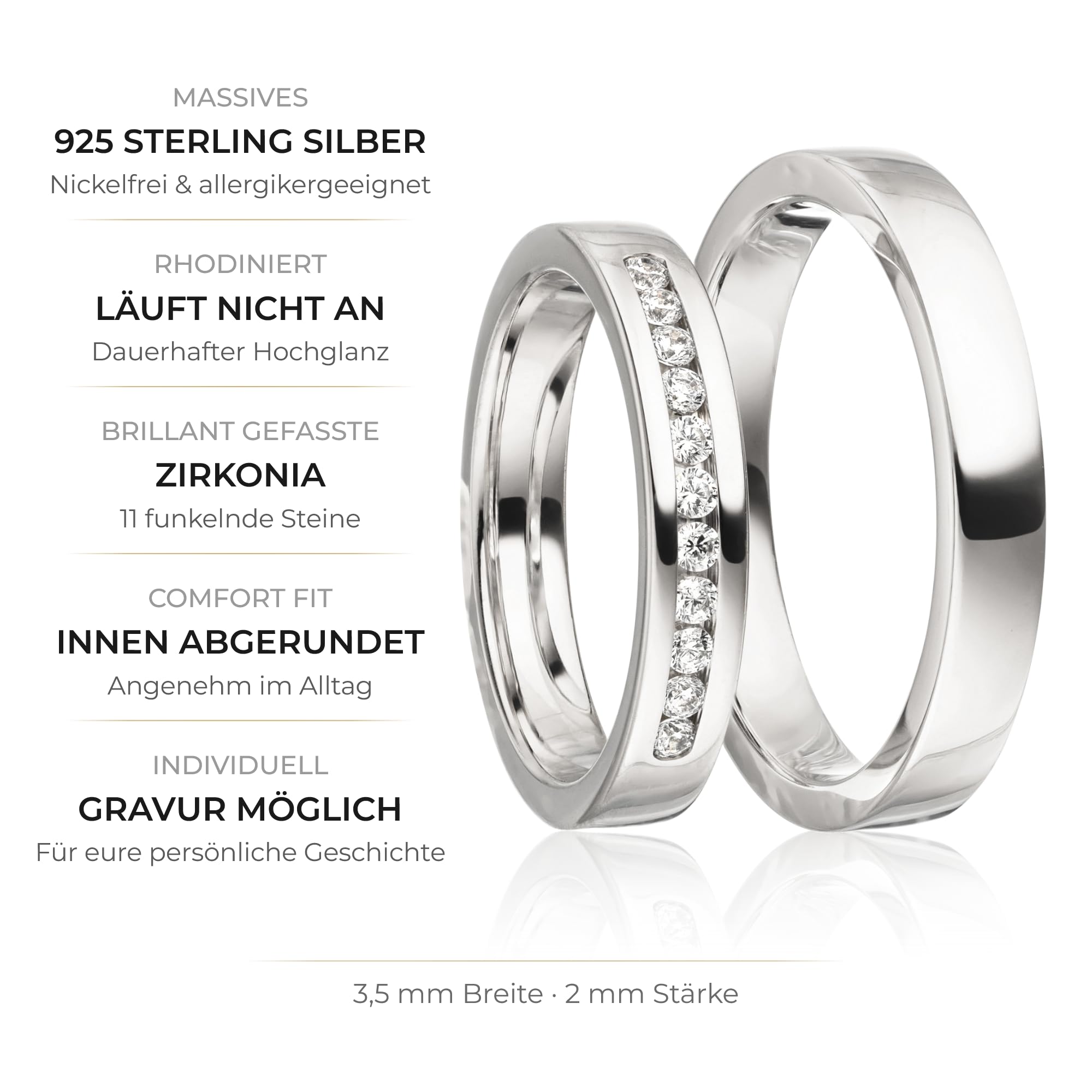 Kolibri Rings Eheringe Silber 925 11 Zirkonia Steine Paarpreis - Gravur und Etui