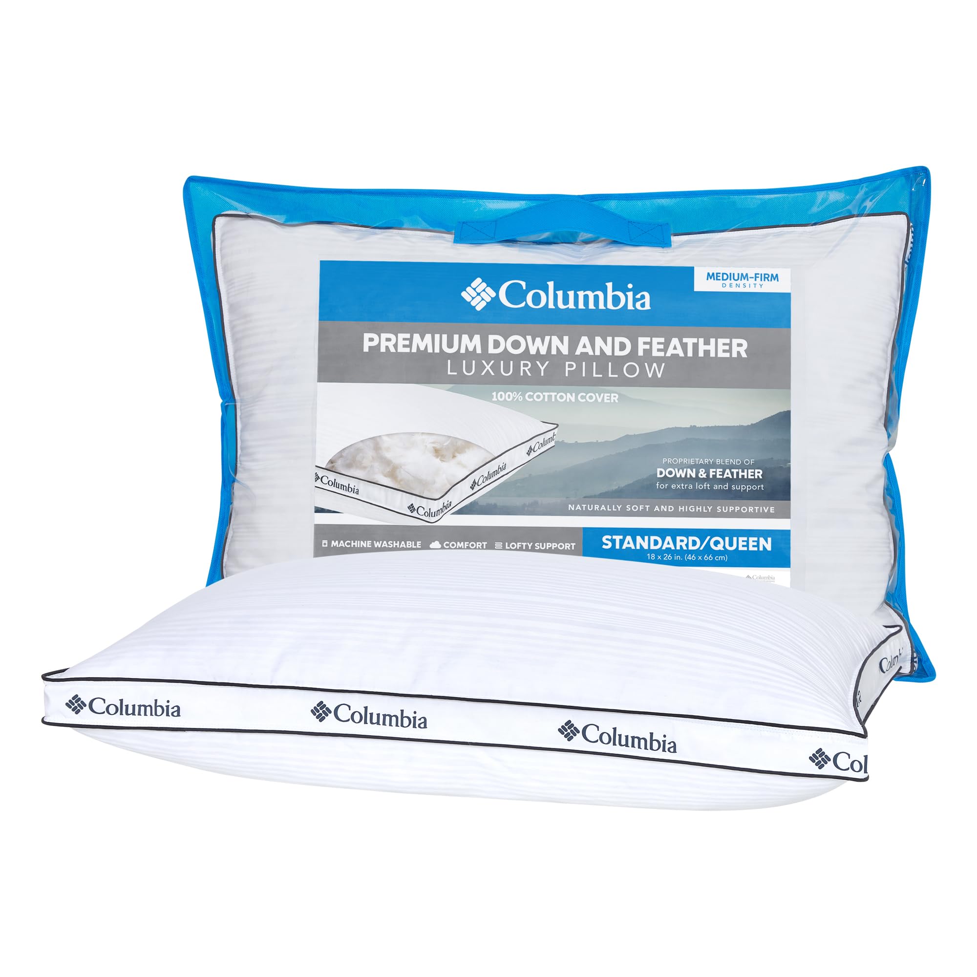 Columbia Premium Down & Feather Pillow Set of 2 Bed Pillows, Standard/Queen