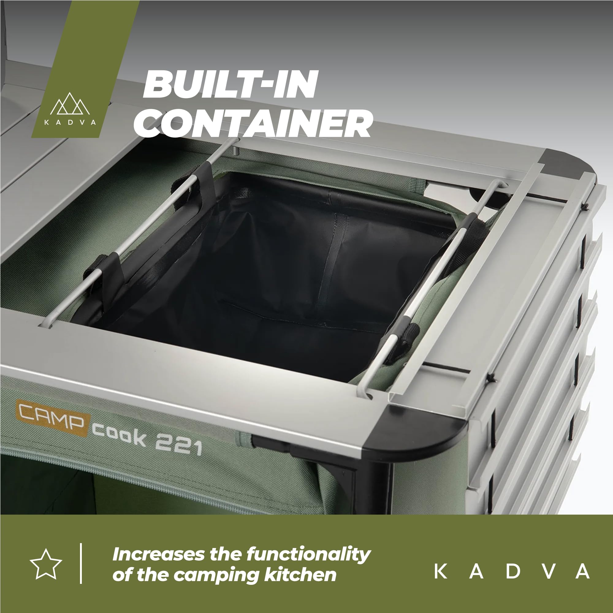 KADVA CAMPCook 221 Camping Küchenschrank faltbar 48,5x121x83,5 cm Campingschrank aus strapazierfähigen Materialien Leichte und stabile Konstruktion Einfacher Aufbau und Transport Farbe Grün
