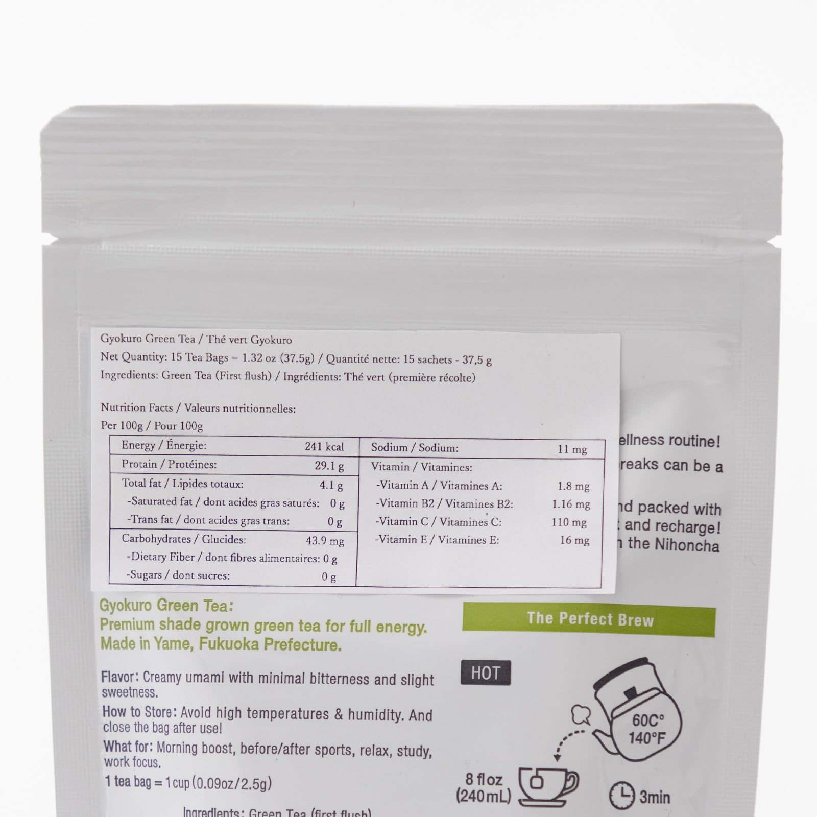 Asayu Japan Tè Verde Giapponese Gyokuro15 Bustine - Tè Verde Giapponese Premium Coltivato all'Ombra 2,5 gr x 15 bustine per Energia e Sprint Mattutino (Tè Verde Gyokuro)