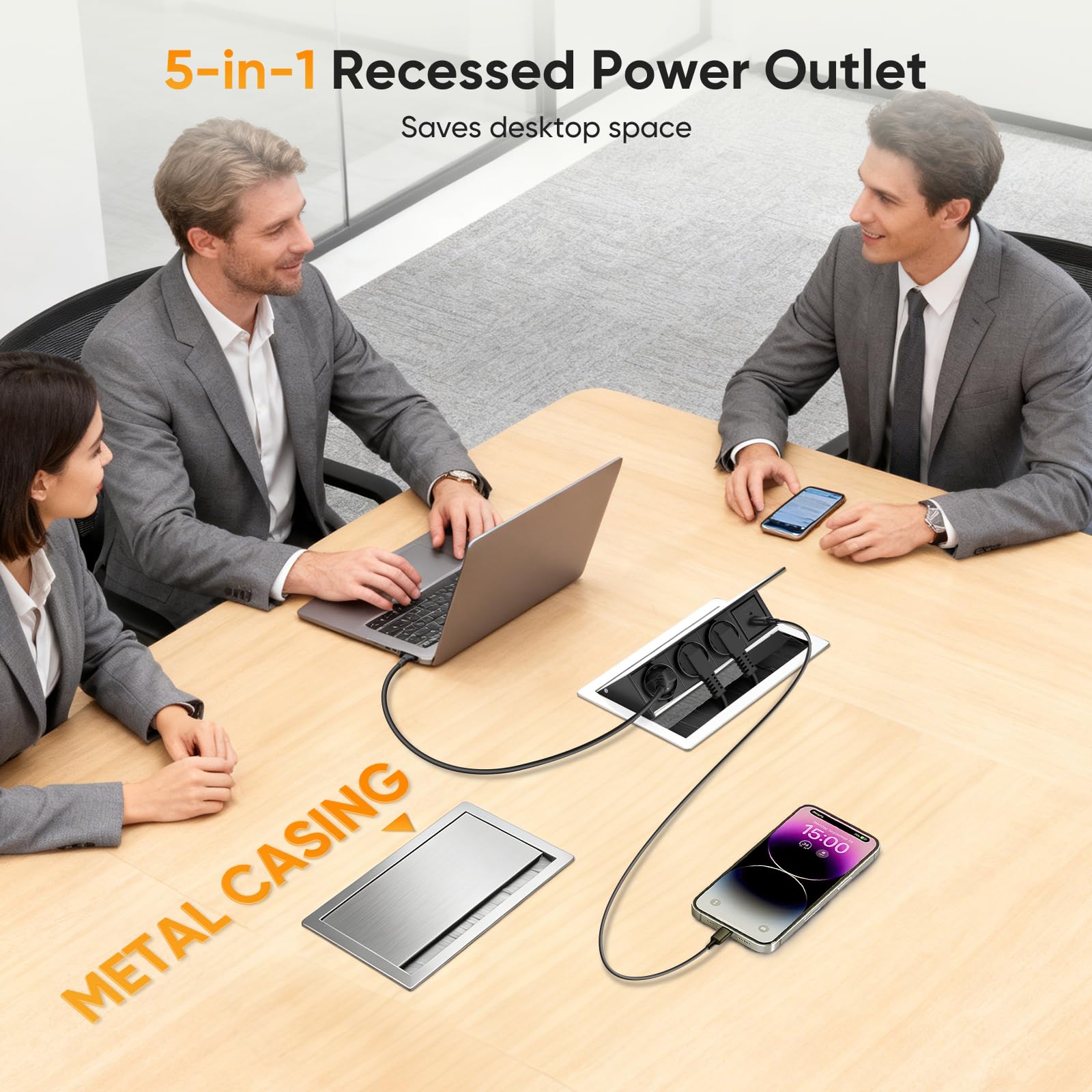 Tira de alimentación retráctil 5 en 1 con 3 compartimentos, 1 USB-C y 1 USB-A PD de 10 W, conector de aluminio integrado para mesa, zócalo retráctil, enchufe de mesa con cable de 1,8 m para cocina