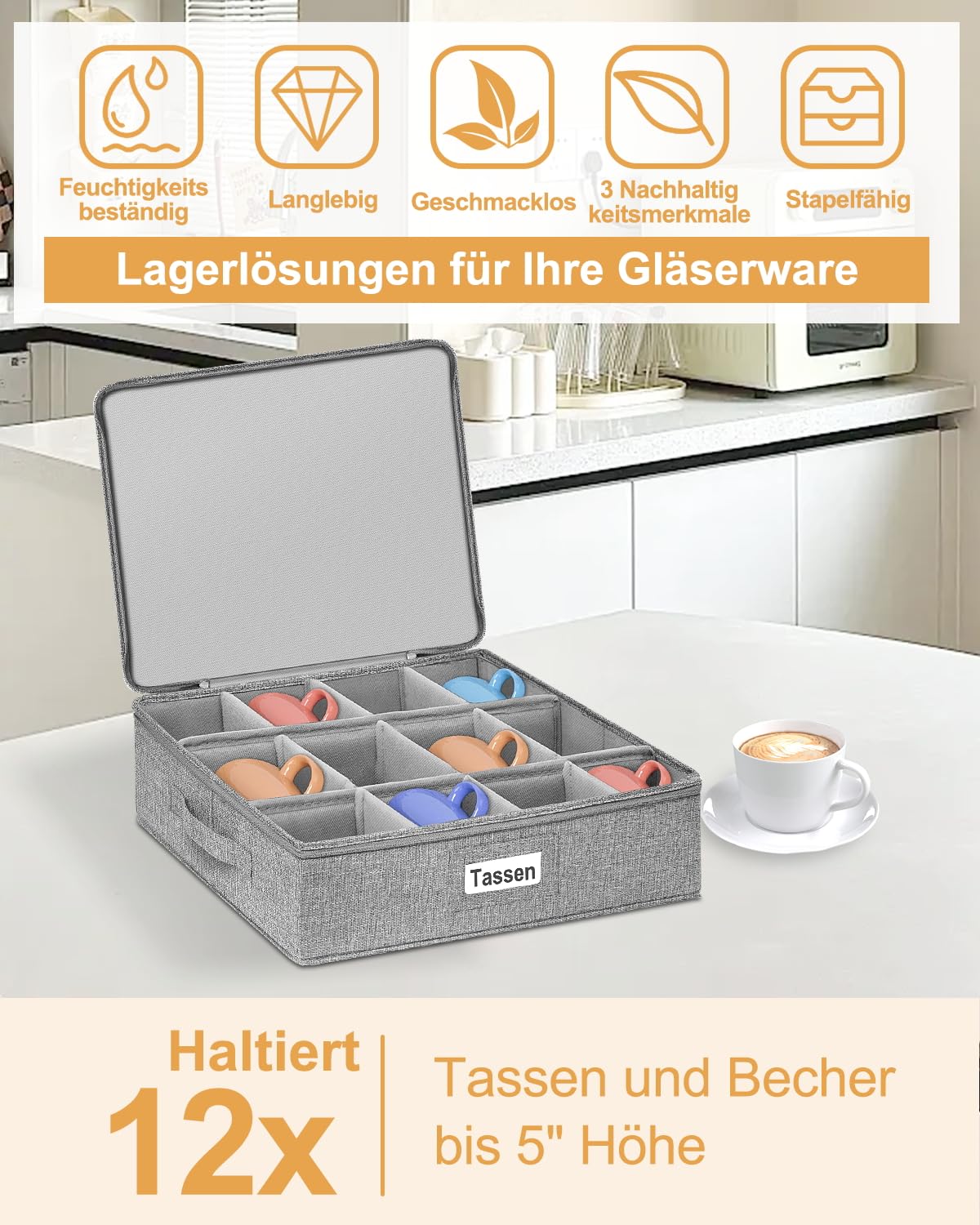 VERONLY Lot de 2 porte-tasses à café avec partition, rangement avec couvercle et poignées, boîte de rangement pliable pour 24 tasses à café, mug, tasses, empilables
