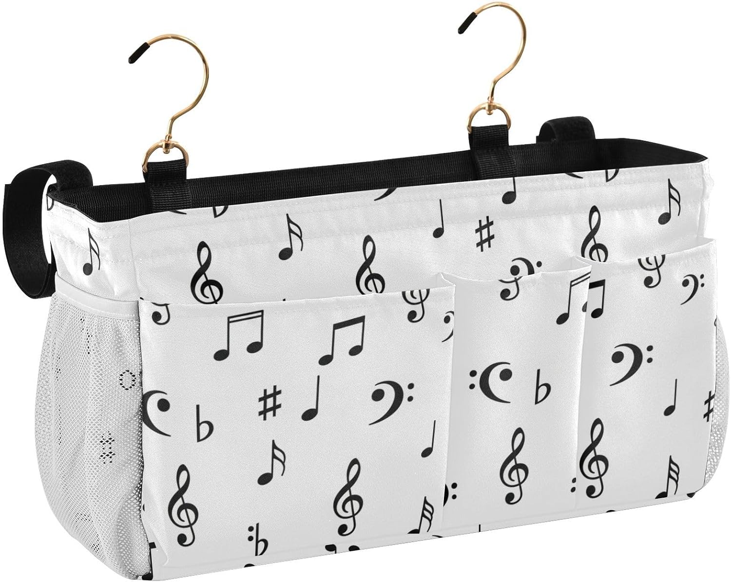 Music White Pattern Bedside Caddy Storage Bag Bedside Organizer for Dorm Room Top Bunk Bed Hanging Bag Bedside Shelf 6 Pockets with Hooks for Glasses Book Tablet Holder