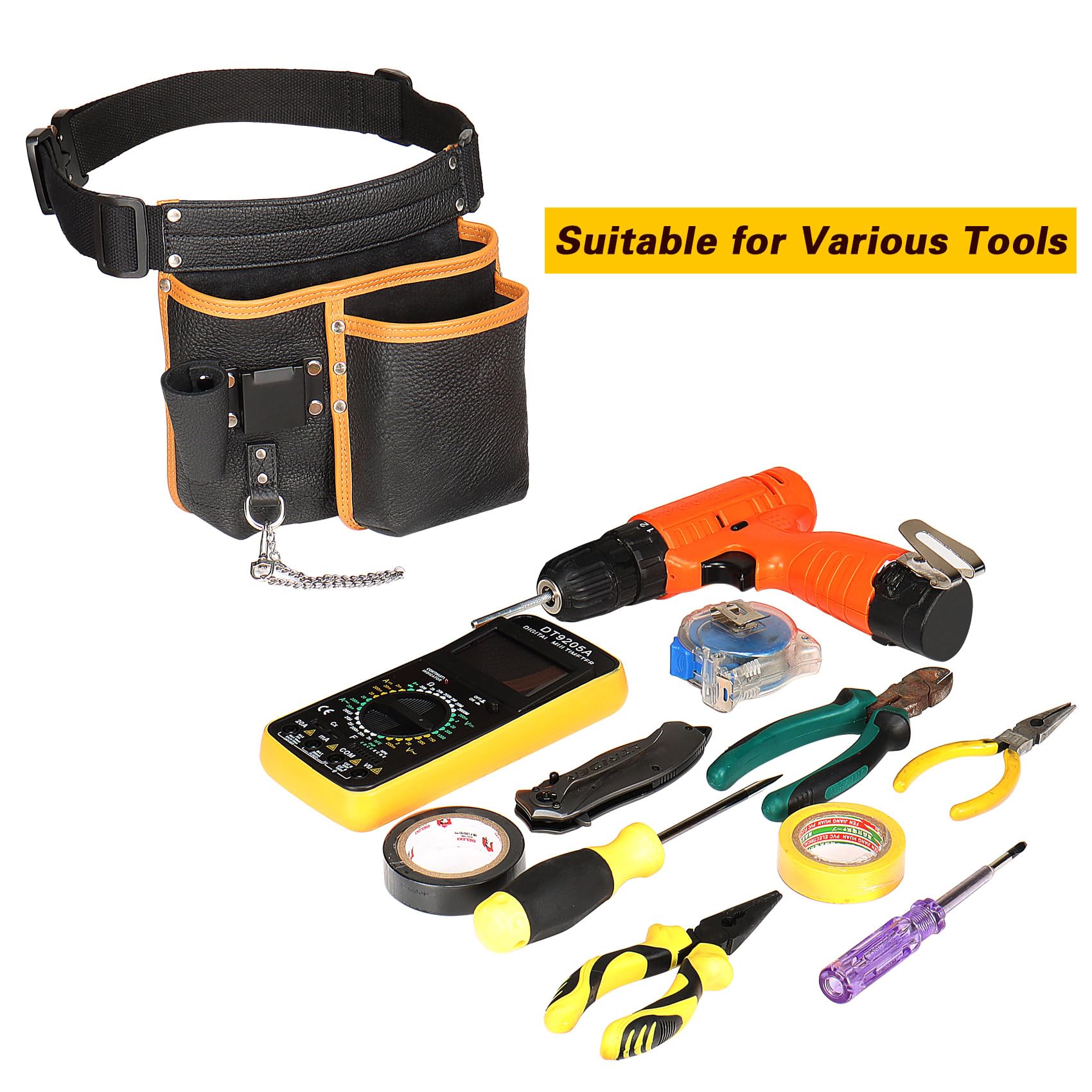 Ceinture Porte Outil Bricolage,Ceinture de Travail Homme Chantier,Sacoche Outils pour Électriciens,Préposés à L'entretien,Constructeurs,Encadreurs,Cuir Véritable,Noir