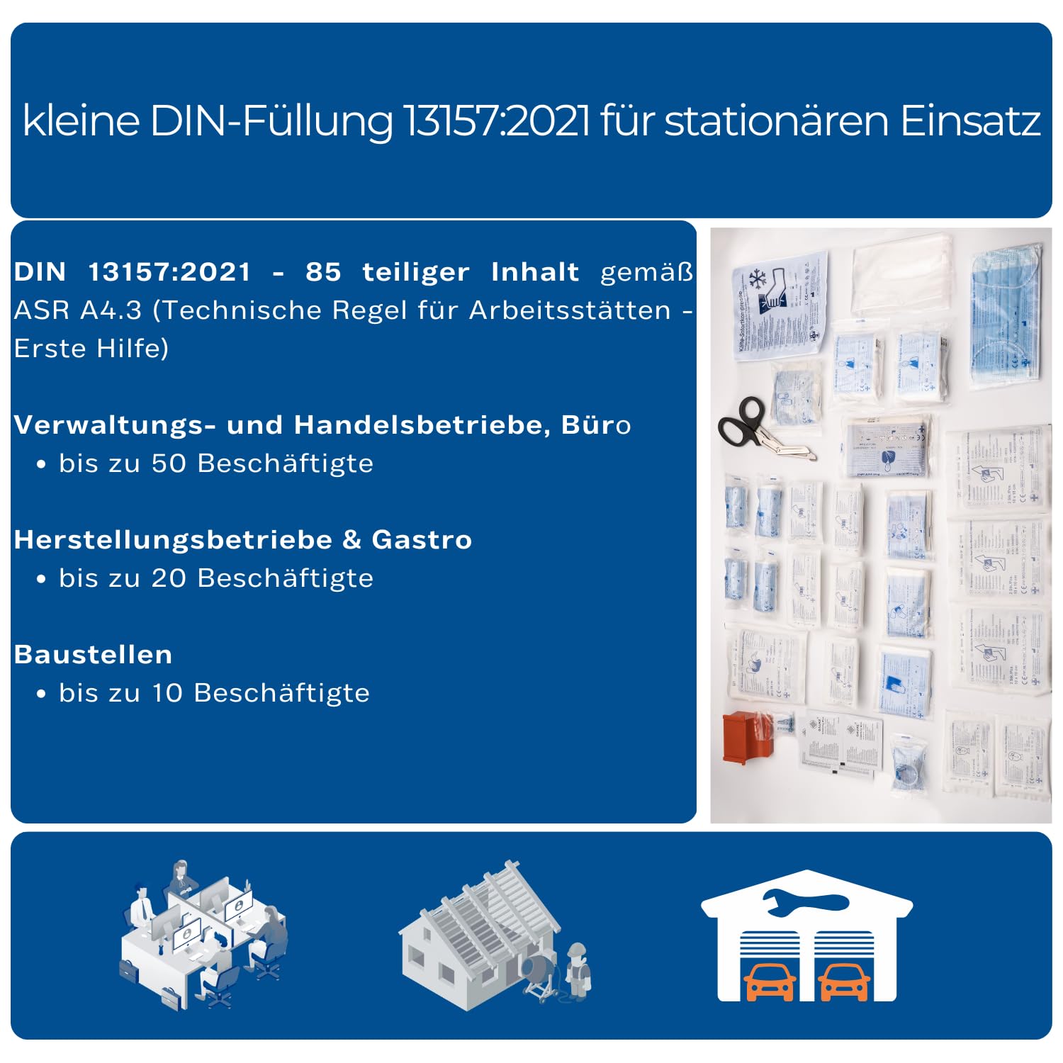 First Aid Products Erste Hilfe Augenspülschrank mit Sichtfenster, 2x Augendusche 500ml: Natriumchlorid- & Phosphatpuffer Lösung & Erste Hilfe Nachfüllset DIN 13157:2021, Metall & pulverbeschichtet