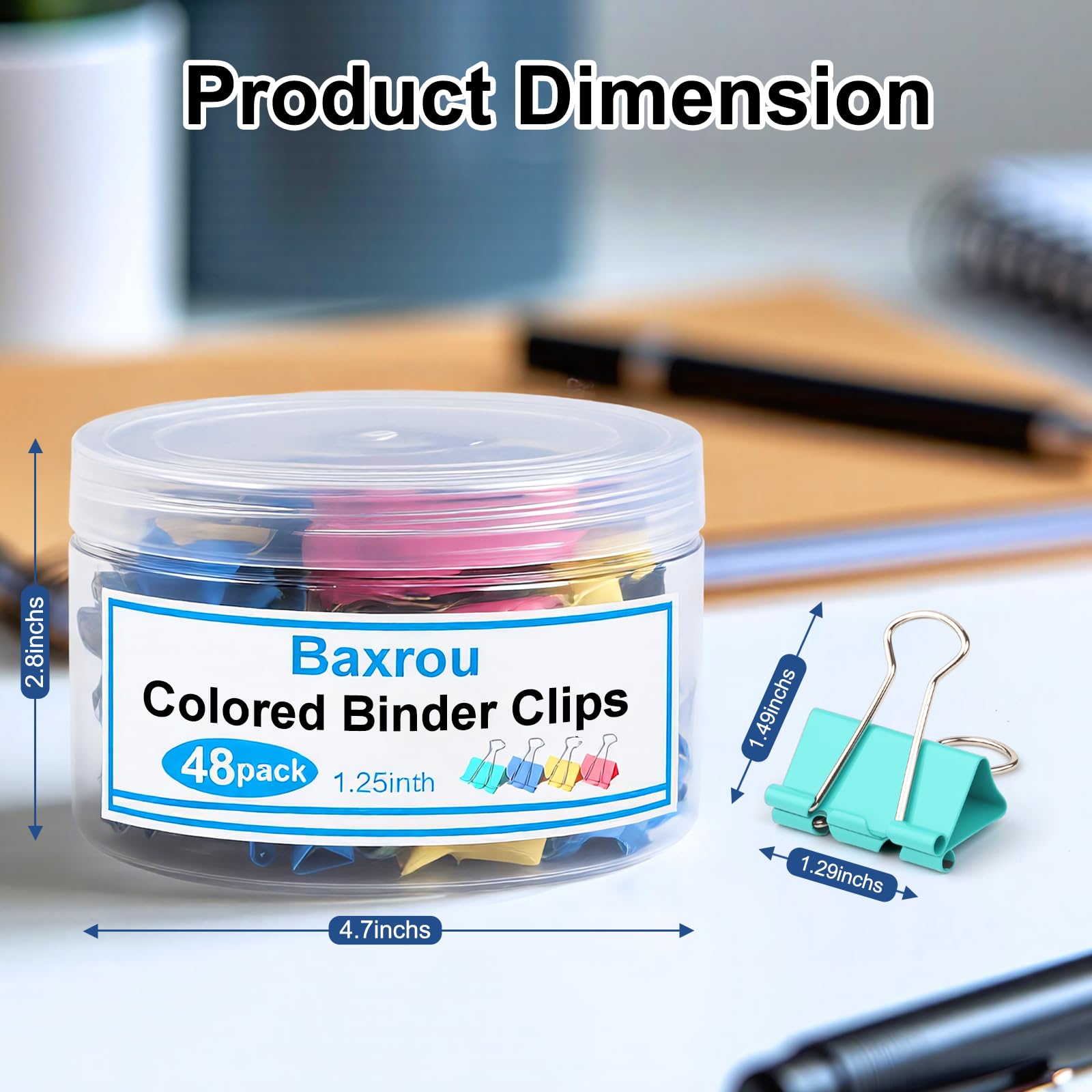Clips medianos de 1.25 pulgadas (paquete de 48) con contenedor, clips de carpeta de colores, clips de papel grandes para suministros de oficina y hogar