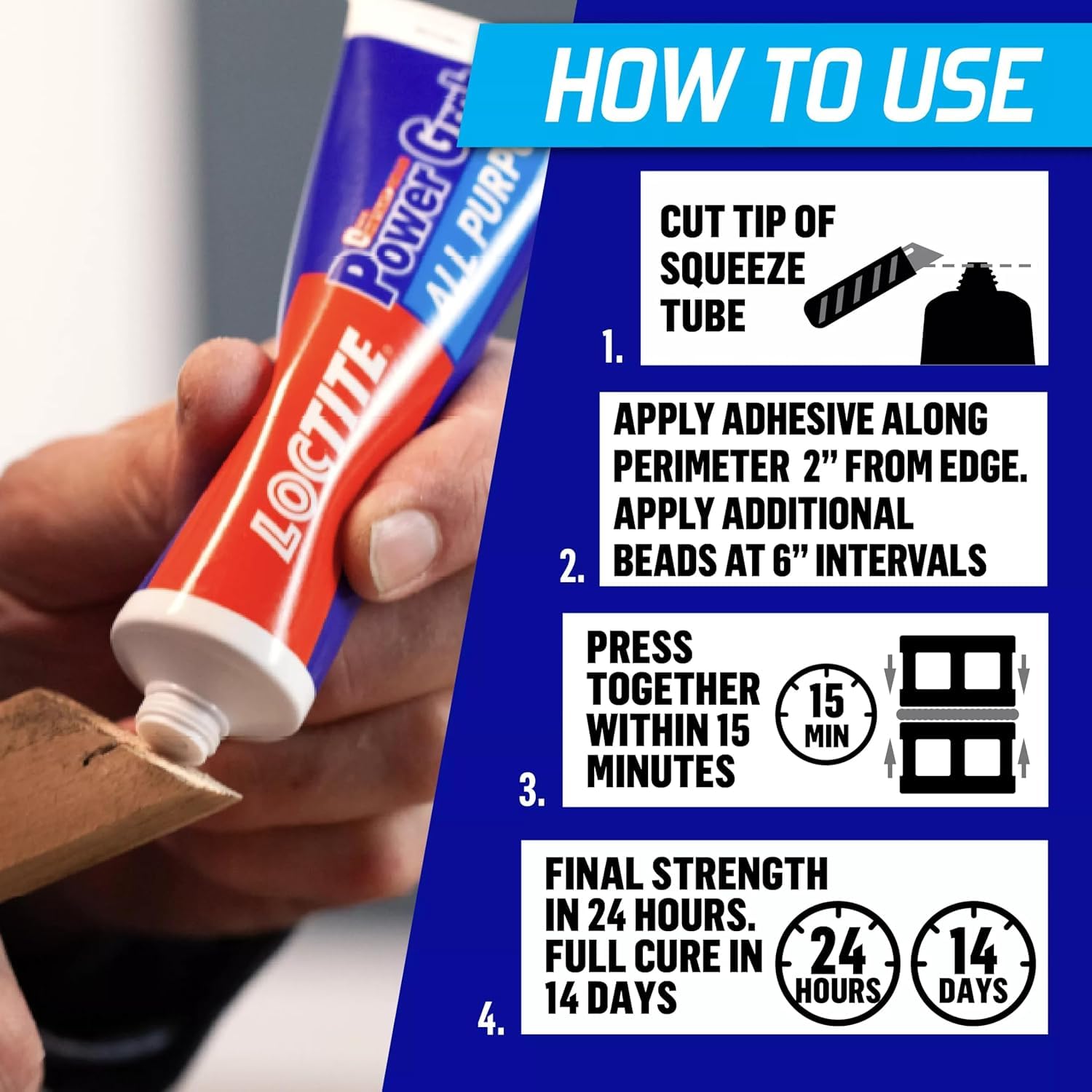Loctite Power Grab Express Construction Adhesive, ultimate strength, 0 second grab, high tack adhesive, No-nails and screws, no clamping, DIY no mixing, metal, tiles, wood, concrete,177ml x pack of 3 product image 5