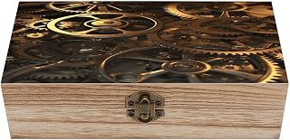 Cool Steampunk Gears Wooden Storage Box Fashion Natural Wooden Box with Hinged Lid Exquisite Keepsake Boxes Vintage Wood Boxes Gift Jewelry Organizer Trinket Storage Chest