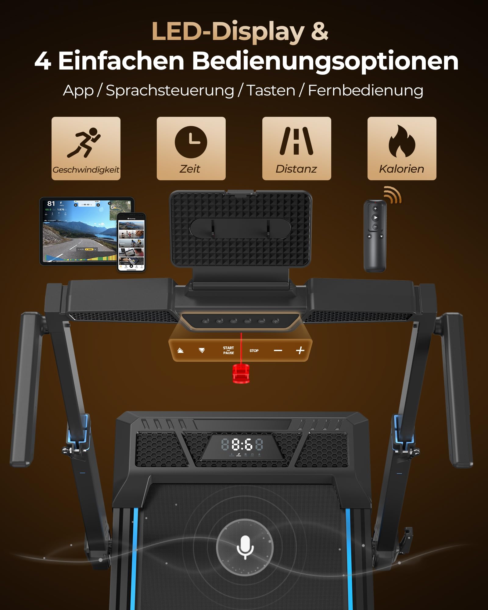 Cardirun Laufband für Zuhause Klappbar mit Automatischer Steigung, 14 KM/H | 6 in 1 Walking Pad mit 104cm Höhenverstellbarer Griff, 14KM/H, 3.5HP Leise Treadmill for Home mit LED-Anzeige, 160 KG