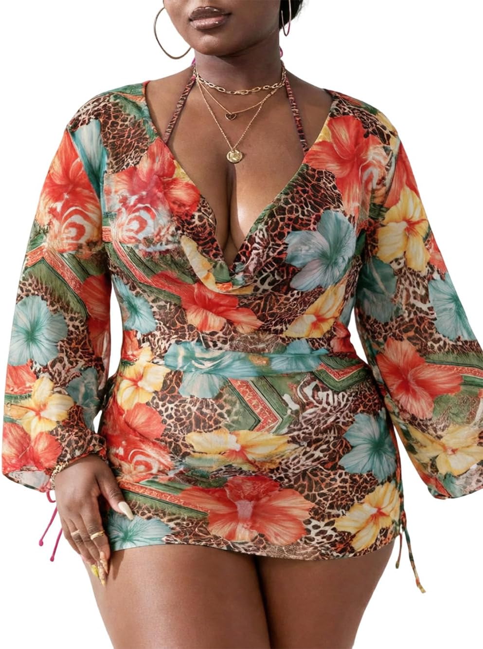 WODECASA Women's Plus Size 3 Piece Swimsuits Halter Triangle Bikini Set with Drawstring Semi Sheer Cover Up Bathing Suit