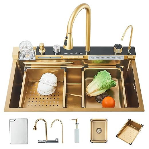 Evier Cuisine Doré Brossé Multifonction avec Haute Pression Robinet Bec Extractible et eau Pure Inox Gris Canon 75x45x21 Evier Cuisine 1 Bac avec Egouttoir