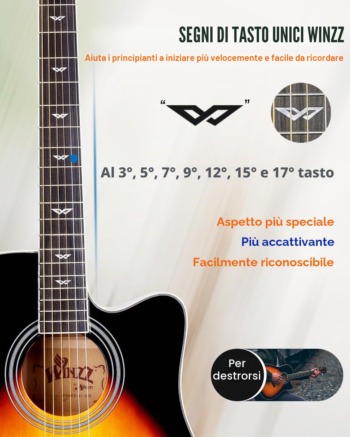 Winzz Chitarra Acustica Elettroacustica 4/4 41 Pollici Kit con 12 Accessori Lucido Sunburst