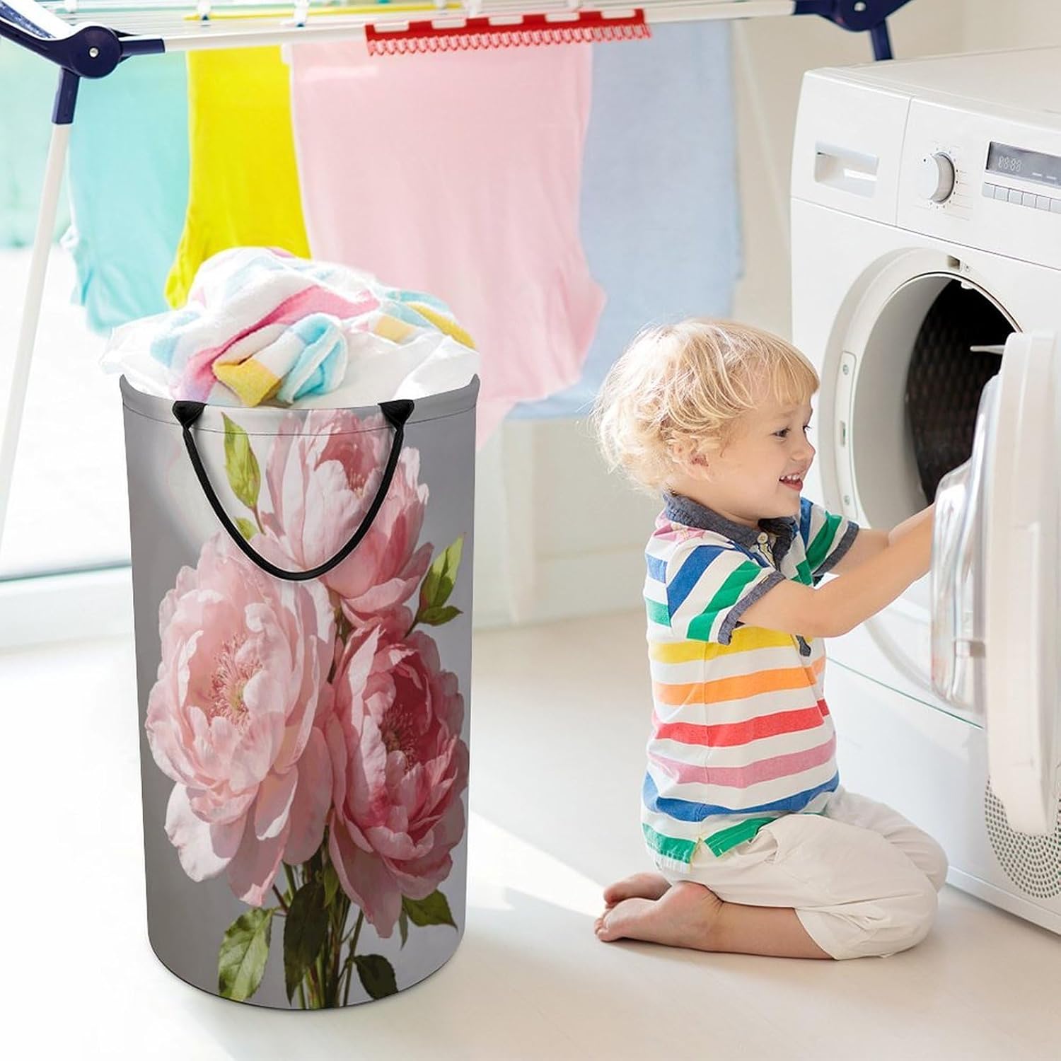 Pink Flowers Laundry Hamper Portable Lightweight Clothes Hampers Fashion Dirty Laundry Storage Basket Large Capacity Foldable Clothes Baskets for Bathroom Bedroom