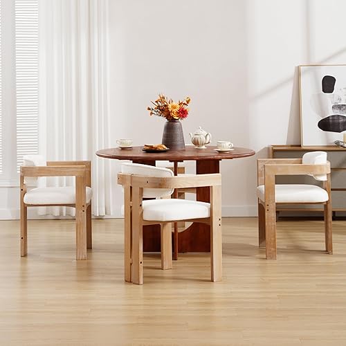 Miniatura 3 de Juego de 4 sillas de comedor de granja, sillas de cocina tapizadas con barril de madera, sillas modernas de lino con brazo para comedor, sala de
