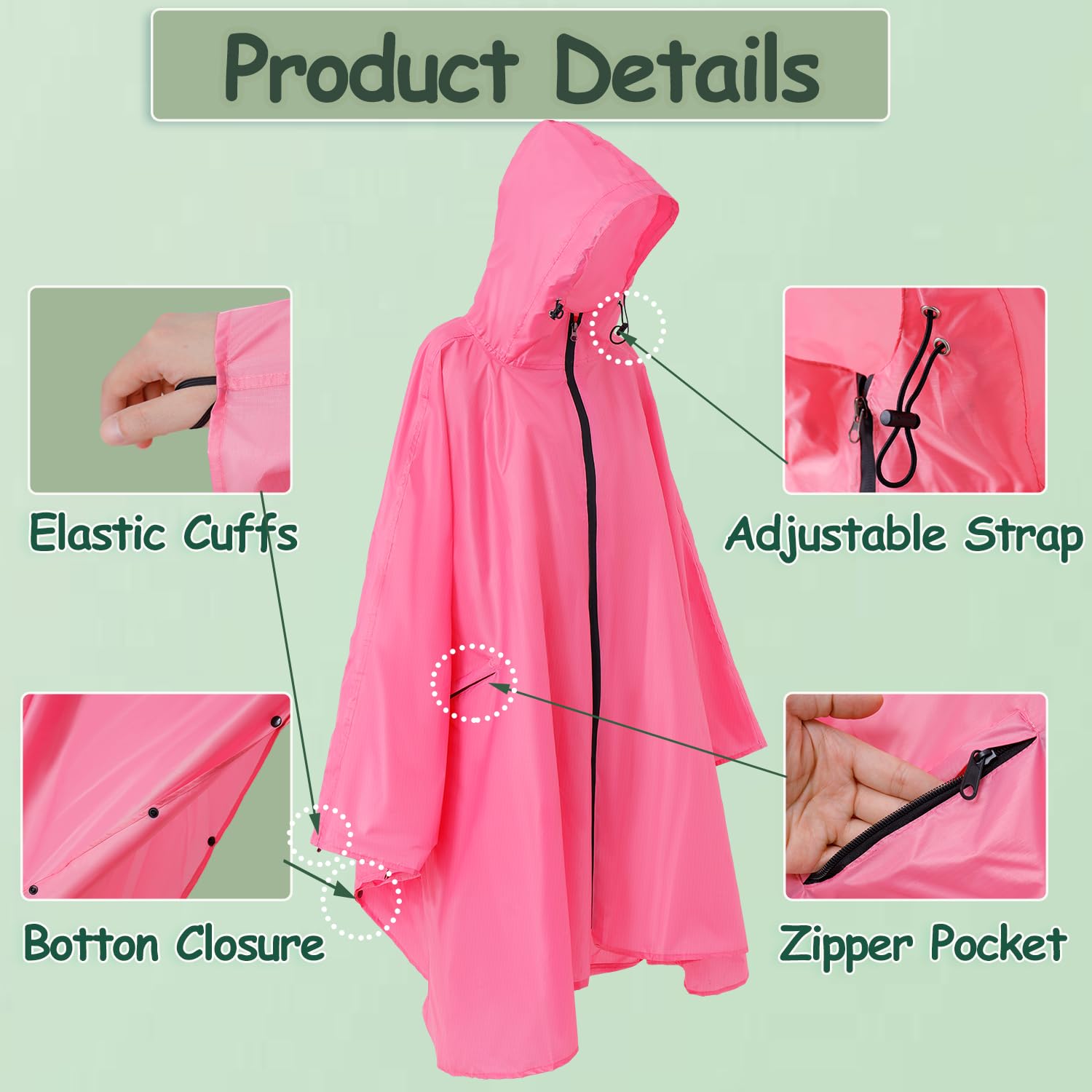 Poncho de lluvia para adultos de talla grande con capucha y cremallera, poncho para Lluvia, poncho táctico para adultos para camping, senderismo
