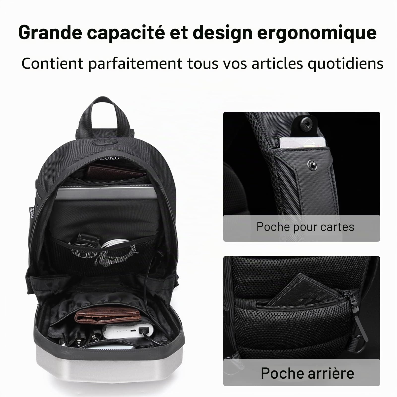 FANDARE Mode Sac de Poitrine Sac d'Epaule Sacoche de Ceinture Sling Crossbody Bag avec USB Homme Sac Bandoulière pour Voyage Randonnée Cyclisme Jogging Daypacks Étanche EVA
