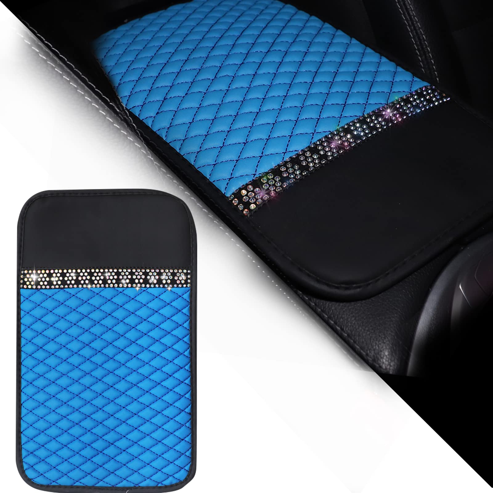 PincutteeLeather Console Armest Cover,Car Armrest Seat Box Cover,Universal Auto Armrest Cover,Bling Car Interior Accessories(Blue,12.5"x 7.5")