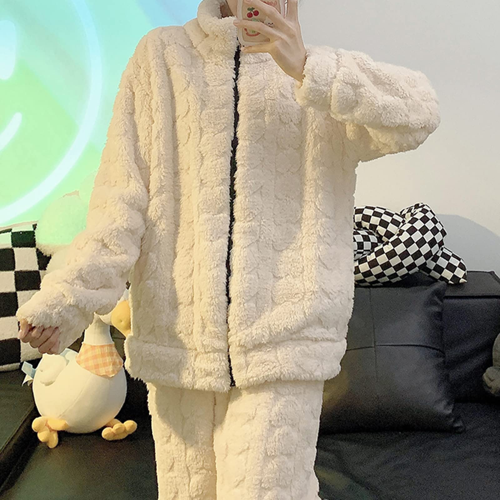 Damen Pyjama Set Aus Korallenrotem Fleece, Dicker, Warmer, Weicher Stehkragen, Nachtwäsche, Bequemer Baumwoll Hausbekleidung