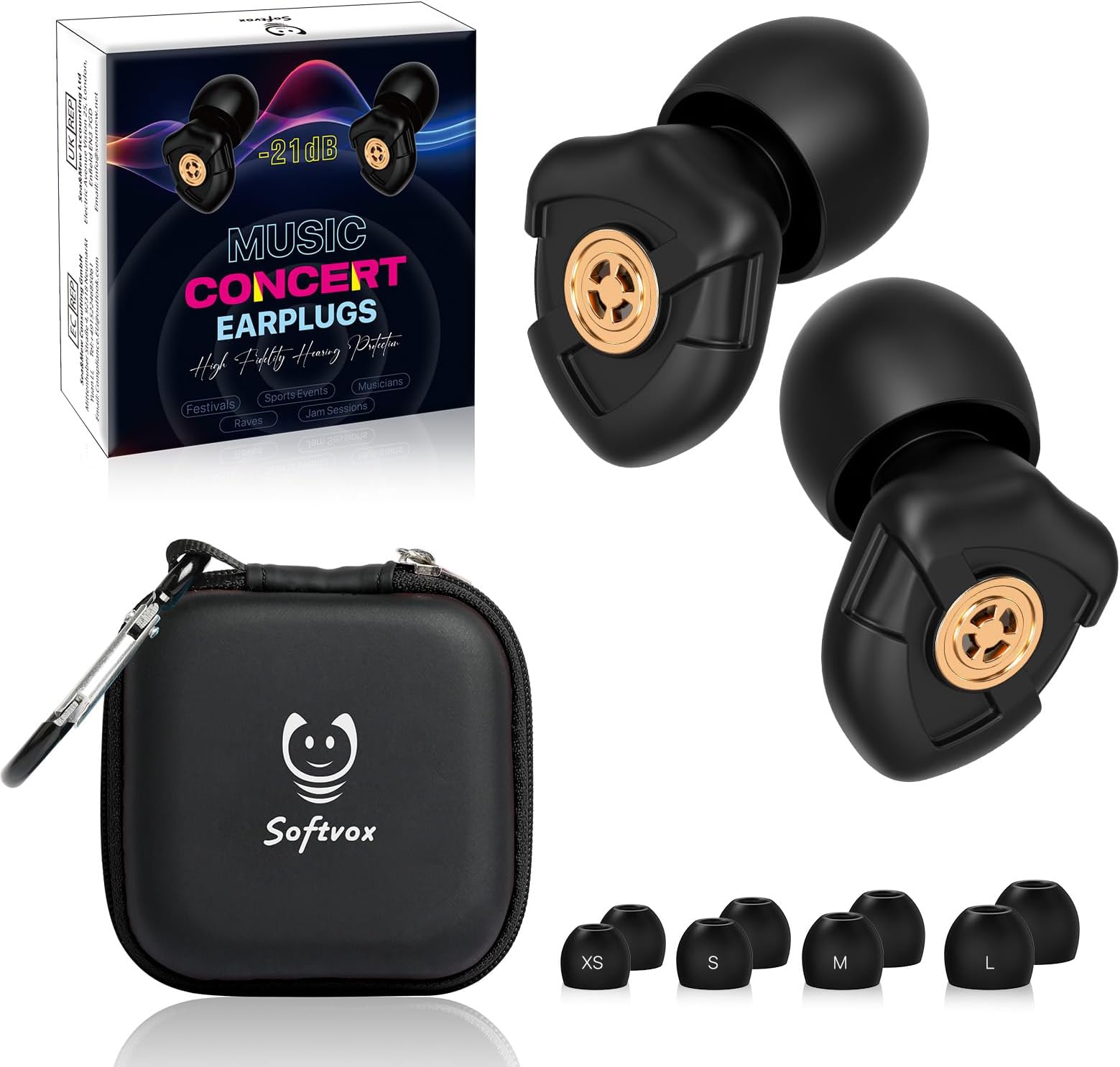 Ear Plugs for Concert, High Fidelity Noise Reduction Earplugs for Loud Music, Musicians, Festivals, Raves, Sports Events, Live Entertainment–8 Ear Tips in XS, S, M, L–21dB Noise Cancelling