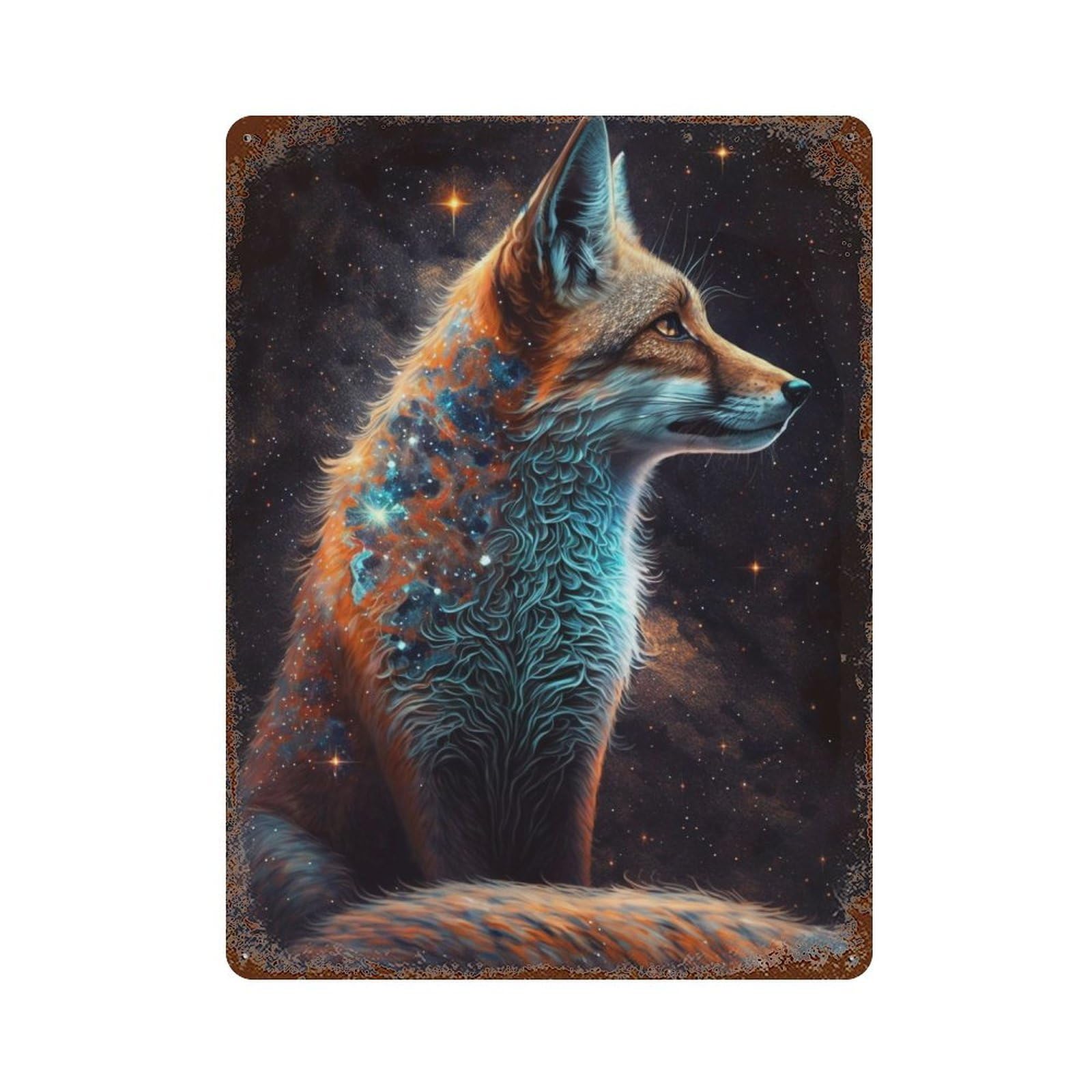 Cosmic Fox Art Print-7 Weathered Tin Sign 15.7"x11.8", for Basement, Hobby Room And Garage Decor, Rustic Home Decor