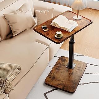 Wooden Swivel Sofa End Table, C Shaped Side Tv Tray Table with Adjustable Height,Sofa End Tables with Heavy Metal Base,Small C Tray Tables for Living Room, Bedroom,Walnut,A