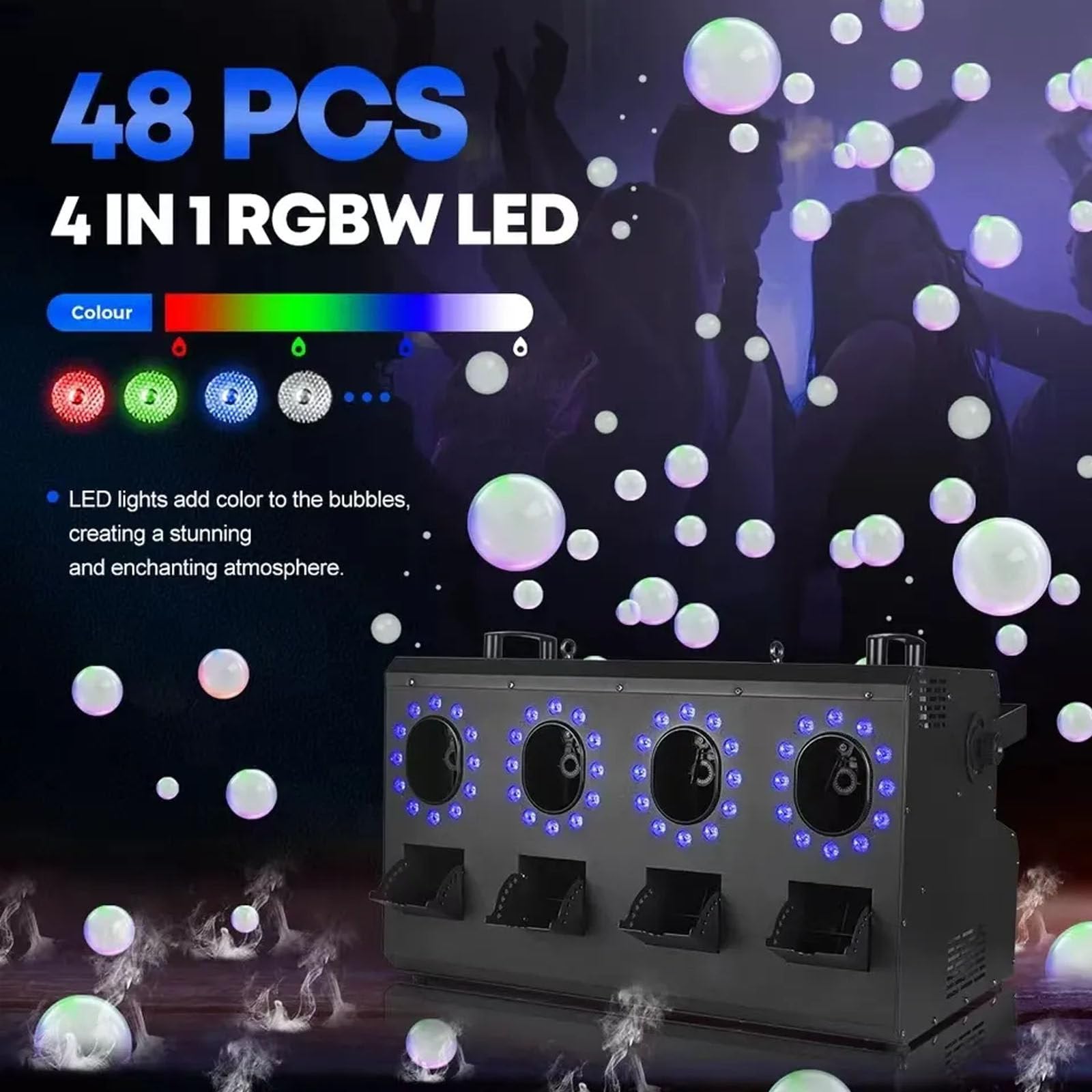 MáQuina De Burbujas De Humo Profesional Con Luces, MáQuina De Burbujas De Humo Con Led De 3000 W, Efecto Dmx, 48 Luces Led De 3 W, 4 Boquillas, Panel De Control Lcd, Capacidad Del Tanque: 1.2 L