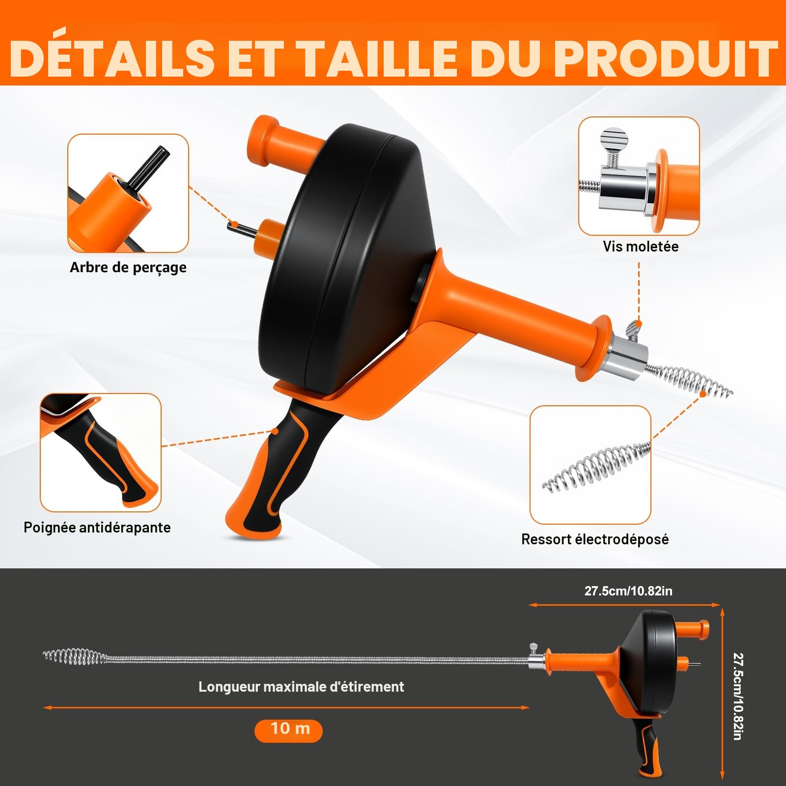 Furet Déboucheur Canalisation - 10M Furet Plomberie Flexible avec Gants, Sac de Rangement - Spirale de Nettoyage de Canalisations pour Cuisine, la Salle de Bain, l'Égouttement et l'Évier | Ressorts en acier galvanisé haute résistance de 10 m de long
