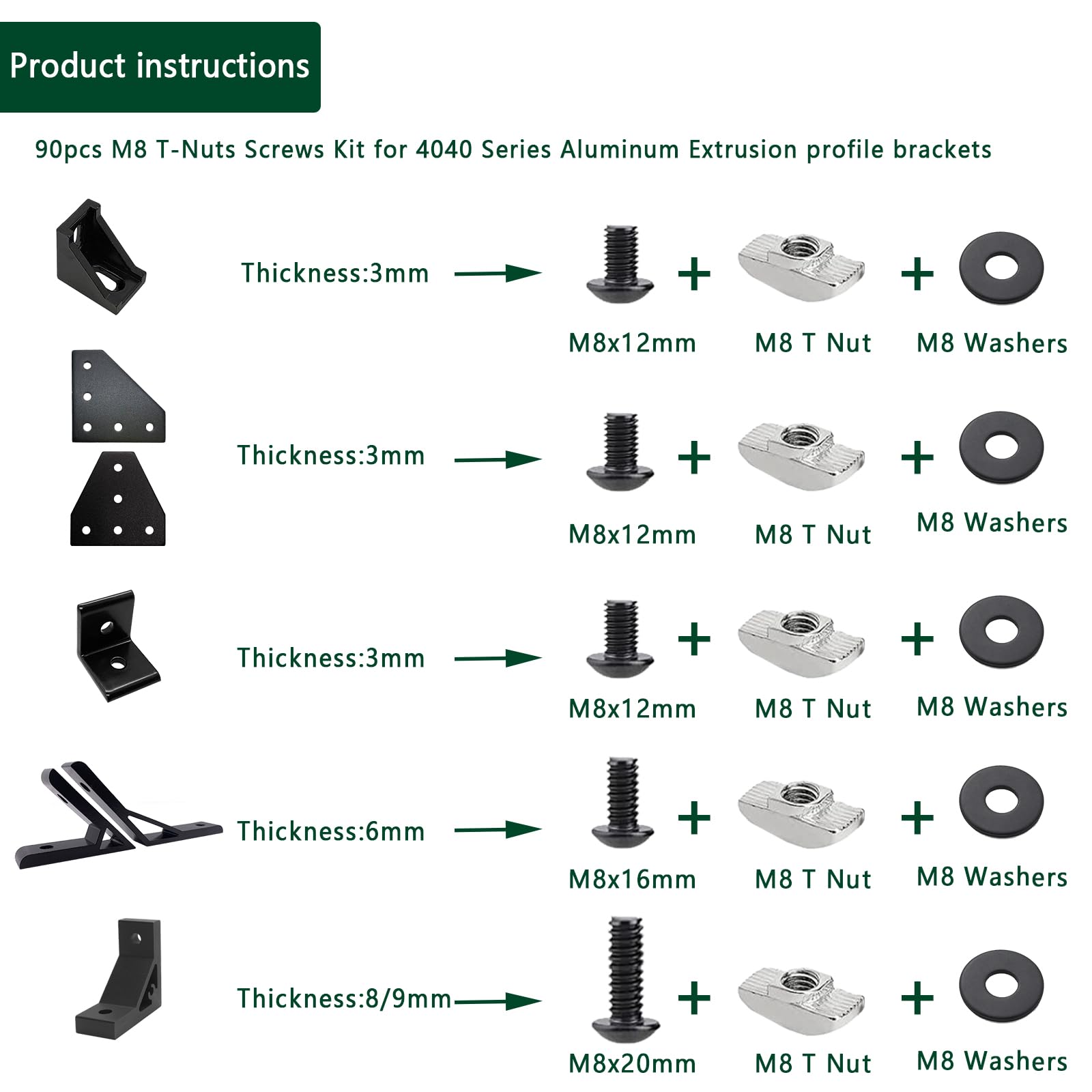 80 pcs M8 T Nut Screws Kit for 4040 4080 Aluminum Extrusion, 26 pcs Black M8x12/16/20mm Hexagon Socket Carbon Steel Screws and 26 pcs M8 Drop in T-Nuts, 28 Washers with Hex Wrench — Amazon image 3