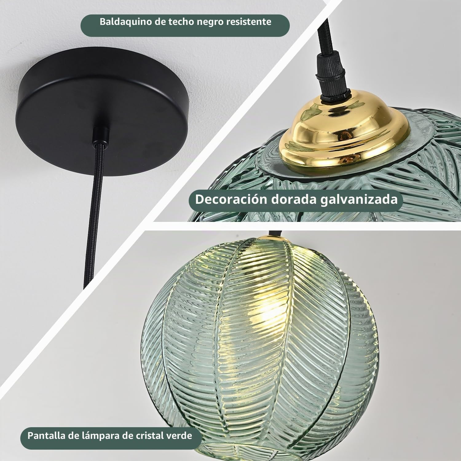 KCO Iluminación Lámpara colgante única de vidrio verde grande Lámpara colgante de globo nórdico con nervaduras para techo Lámpara colgante de araña vintage para comedor y isla de cocina