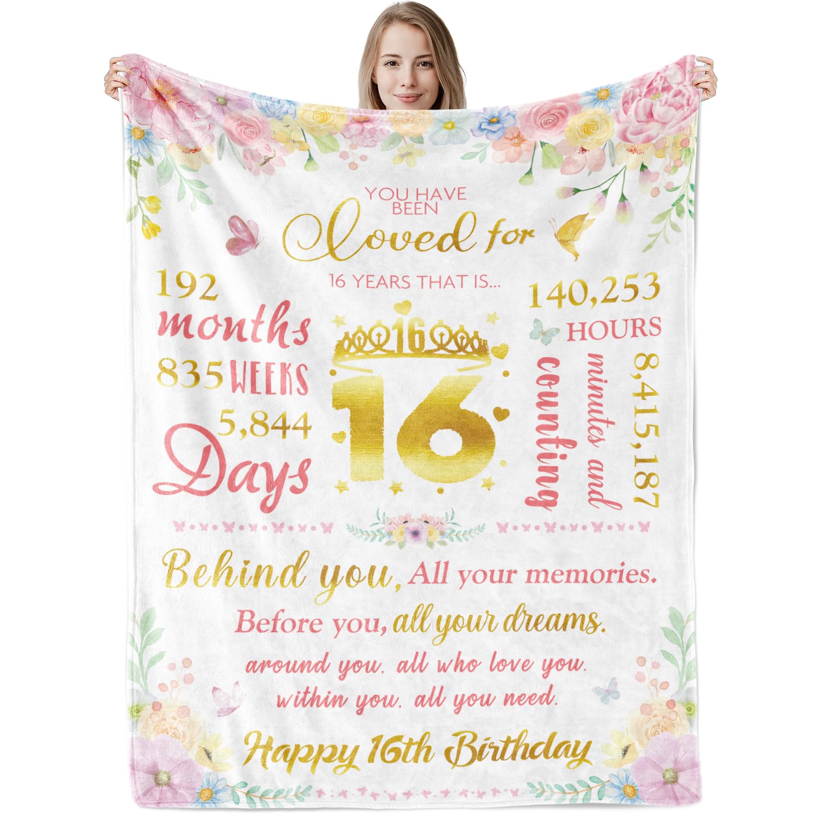 Sweet 16 Birthday Gifts for Girls, 130x150 cm Happy 16th Birthday Throw Flannel Blanket, Sweet 16 Year Old Girl Birthday Gift Ideas for Sixteen Daughter Sister, Floral 16 Bday Decorations for Friends