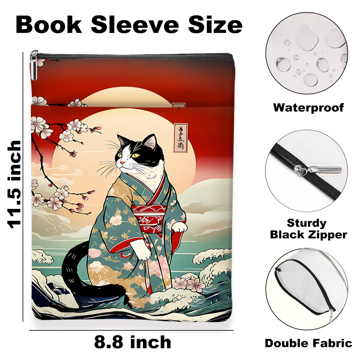 Japanese Kimono Cat Ocean Book Sleeve, Book Lovers Gifts Sleeve with Zipper & Front Pocket, 11.5x8.8 Inch Canvas Books Cover Protector Bookish Cat Lover Gifts for Readers Women Friend Birthday Gift — view 2