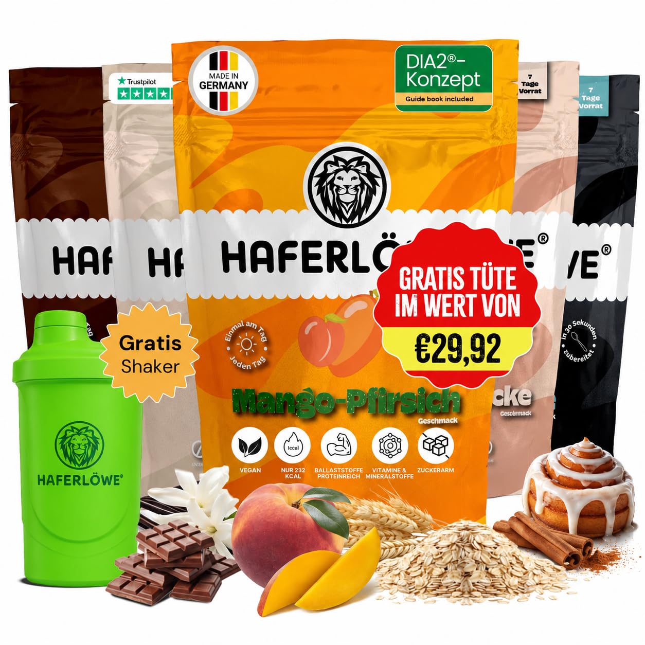 Haferlöwe Haferkur 35 Tage Starter Set | Leckere Hafertage in 5 Geschmacksrichtungen inkl. Gratis Shaker und Leitfaden | Protein Shake | Leckerer Diät Hafershake | DIA2® Ernährung