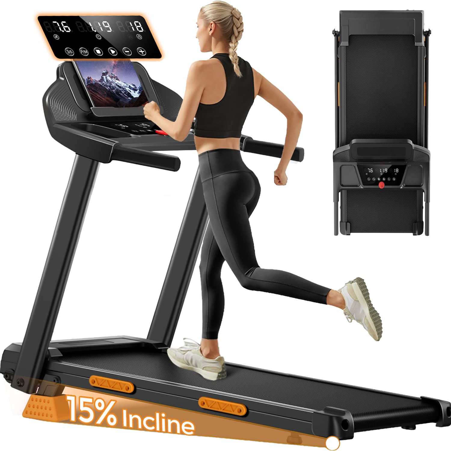 LONTEK Tapis Roulant Salvaspazio con Inclinazione 15%, Tapis Roulant Elettrico 12KM/H, Tapirulan Pieghevole da Casa con Motore da 3.0 HP e Display LED, Carico Massimo 136KG