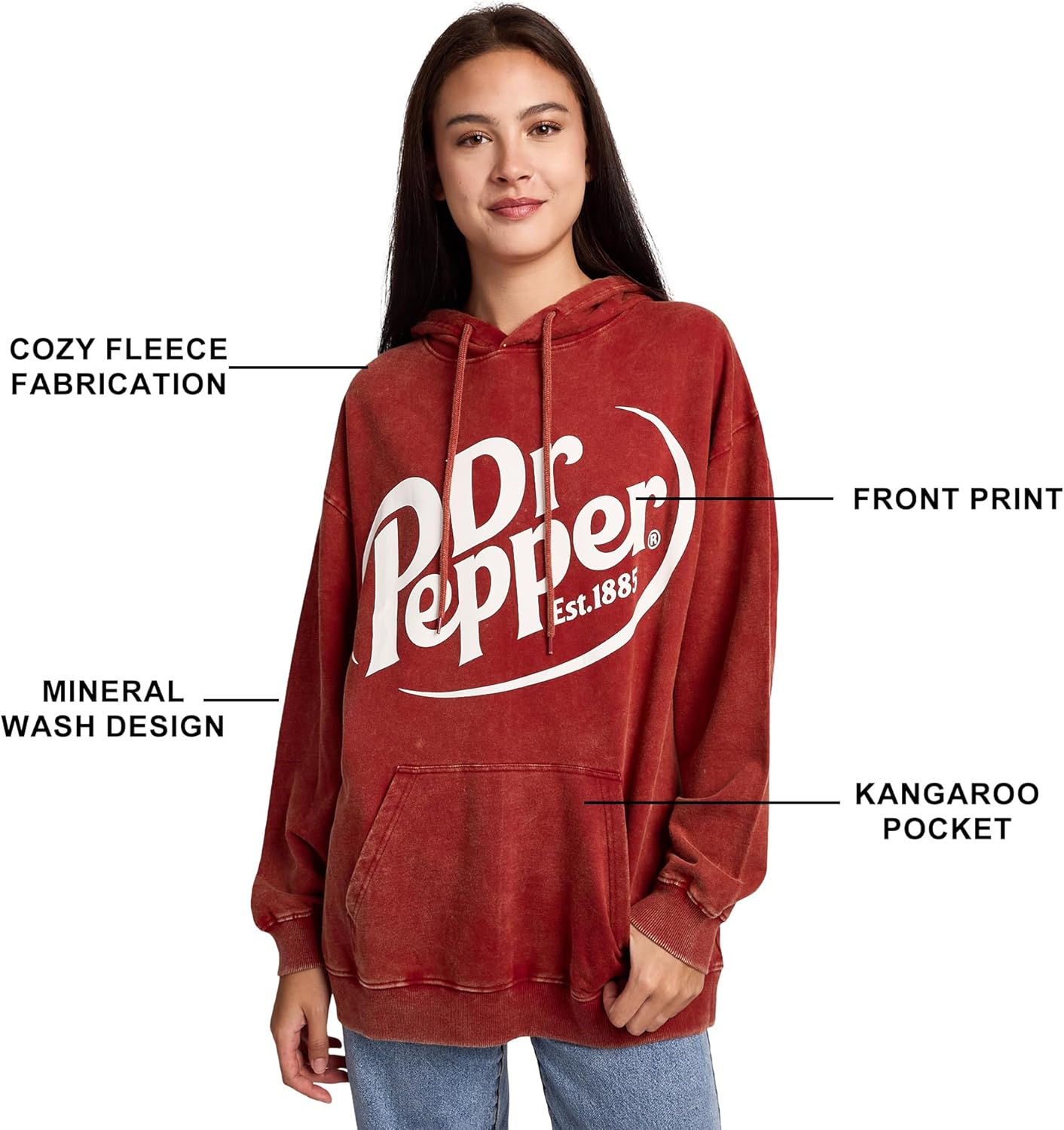 Bioworld Dr Pepper It's A Pepper Thing Women's Red Mineral Wash Long Sleeve Fleece Hooded Sweatshirt