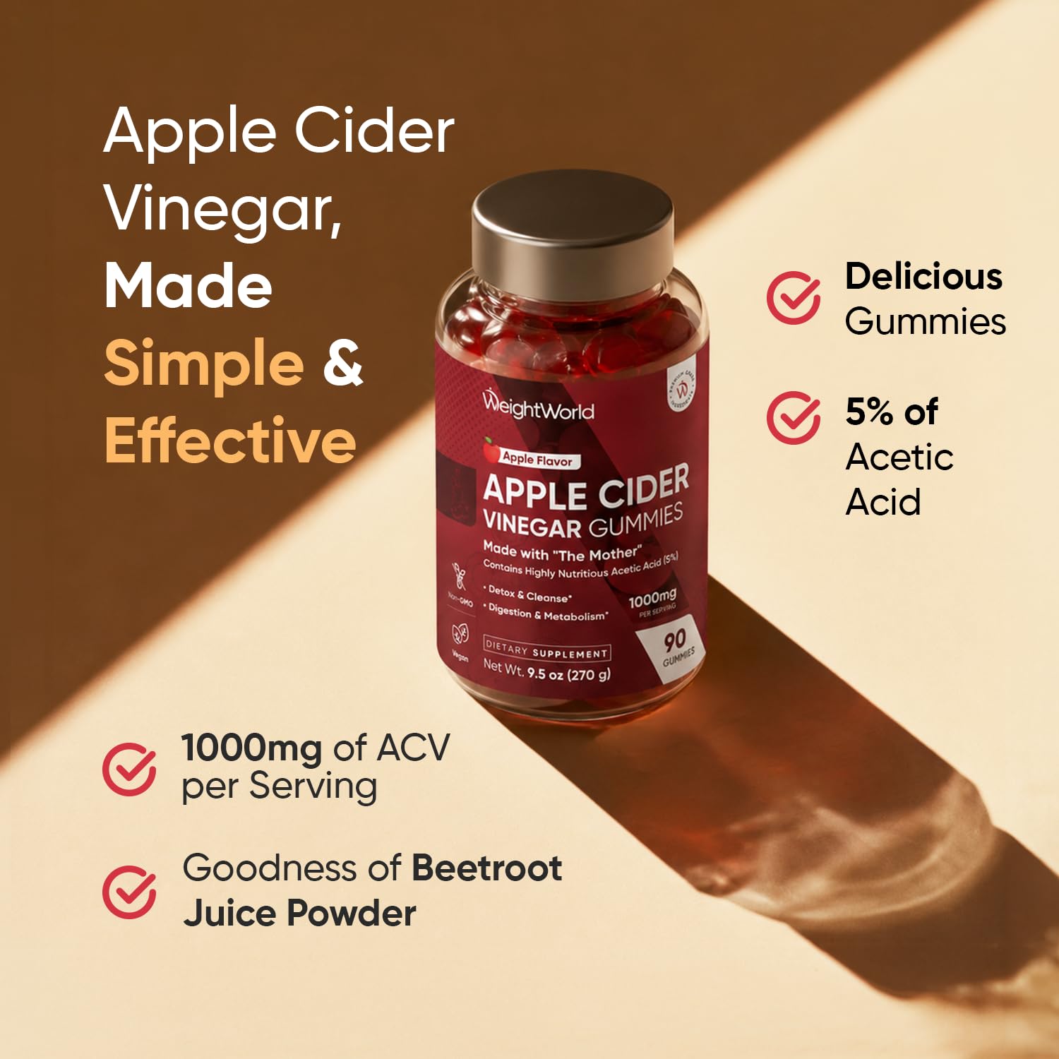 WeightWorld Apple Cider Vinegar Gummies with Mother 1000mg | 45 Days Supply — Amazon image 2