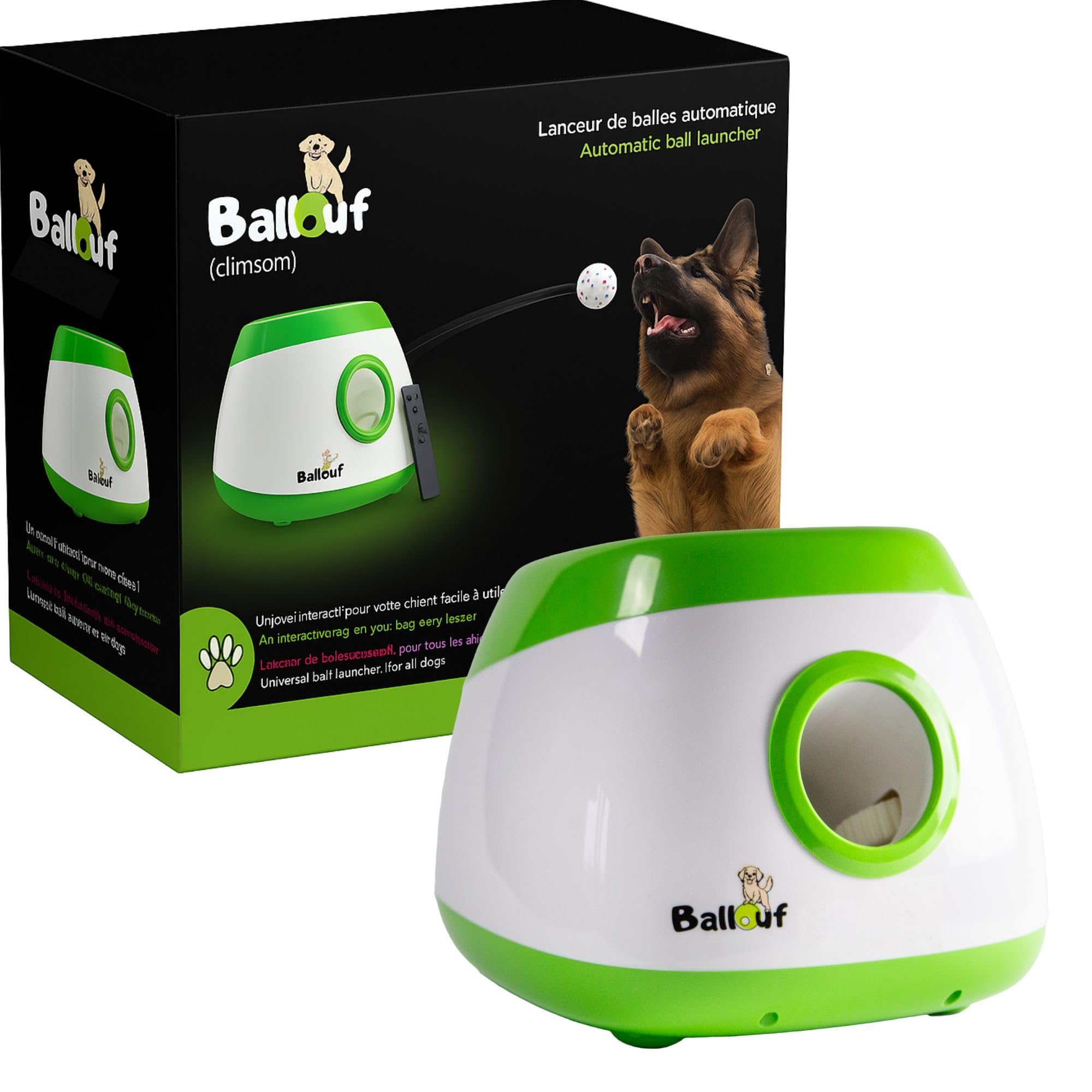 Climsom Lanzador automático de pelotas para perros Ballouf Deluxe - Incluye 6 pelotas - 6 horas de autonomía - Control remoto incluido - 3 ajustes de distancia - Lanza de 20 a 80 pies