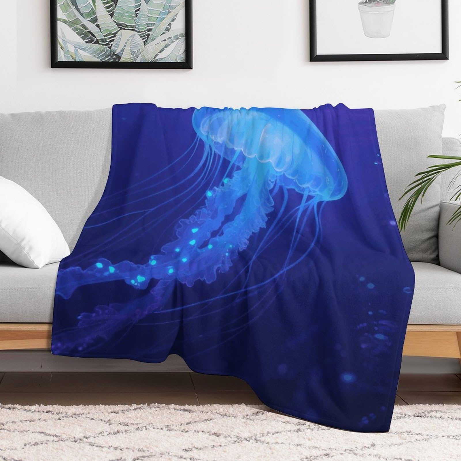 Couverture polaire douce en flanelle bleu méduse 101x127 cm