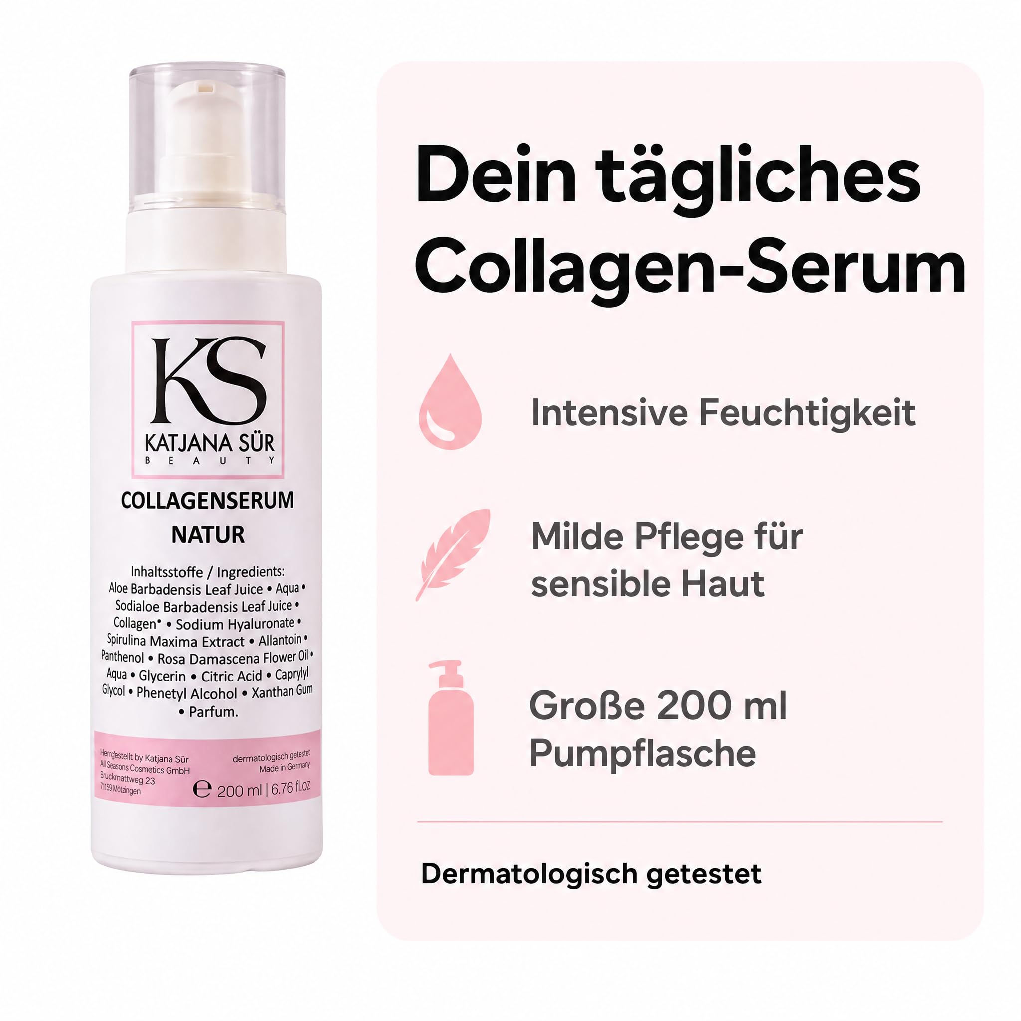 KS Beauty Collagen Serum Natur, Hyaluron & Aloe Vera, 200 ml | Feuchtigkeitsserum für Gesicht mit Rosenöl, Spirulina & Panthenol – dermatologisch getestet, Made in Germany
