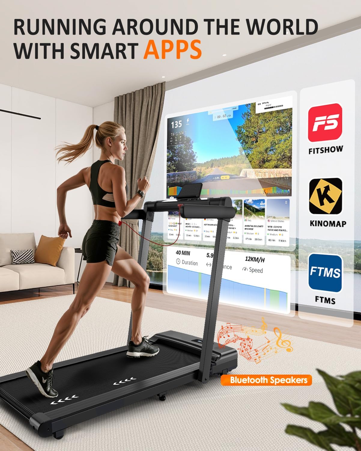 Woman running on FYSIQ FT50 Treadmill with a large screen displaying Kinomap, and logos for FITSHOW, Kinomap, and FTMS apps.