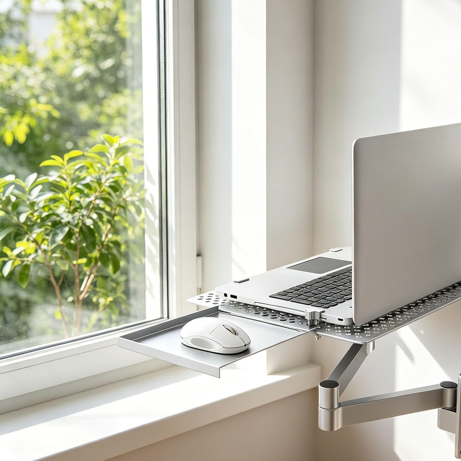 PioMue Wall Mount Notebook Holder With Cooling Vented Platform, Adjustable Full Motion Articulating Arm With Independent Mouse Tray