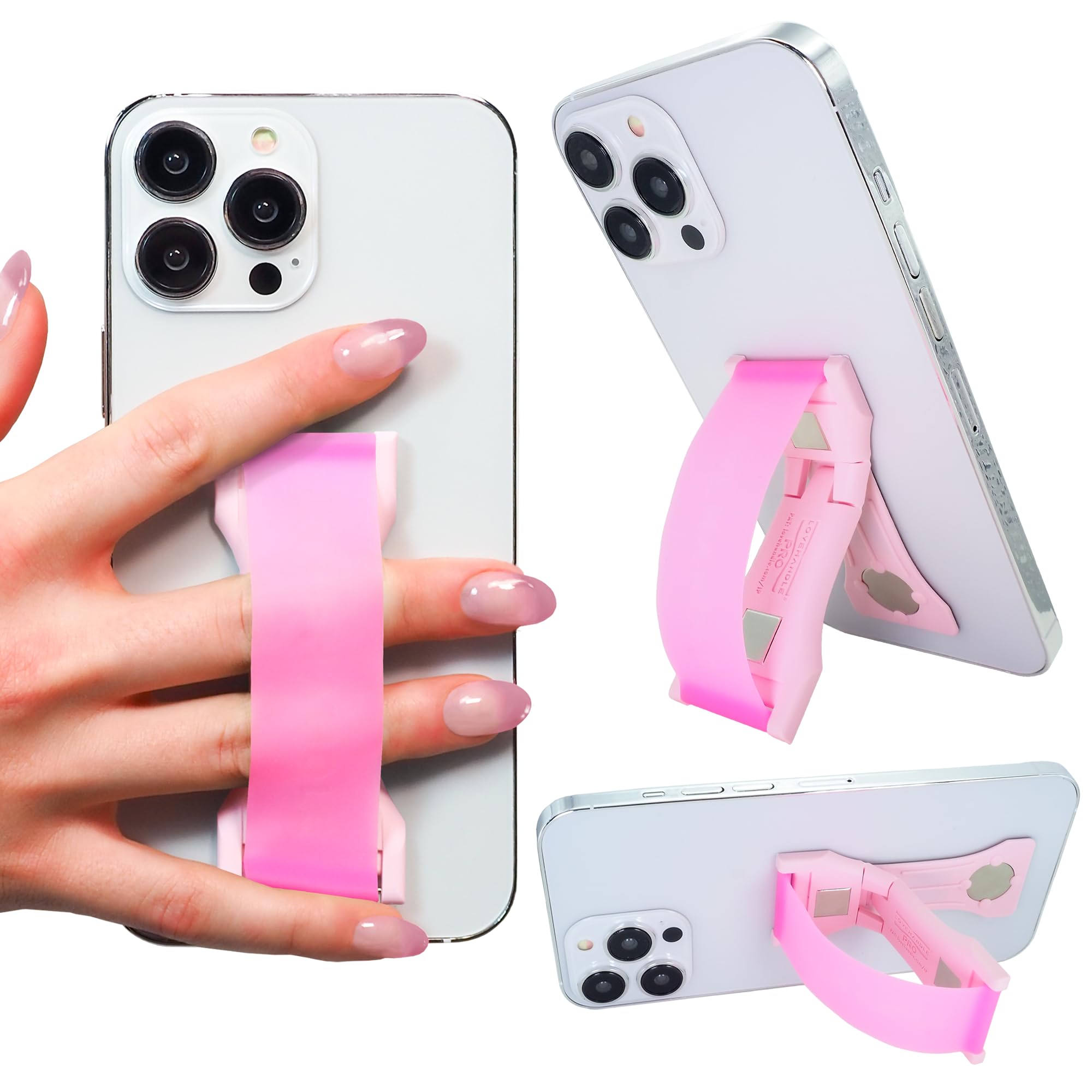 LOVEHANDLE PRO Premium Phone Grip - Silicone Phone Strap - Magnetic Phone Mount and Kickstand for Smartphone and Tablet - Bubblegum Pink Glow Silicone