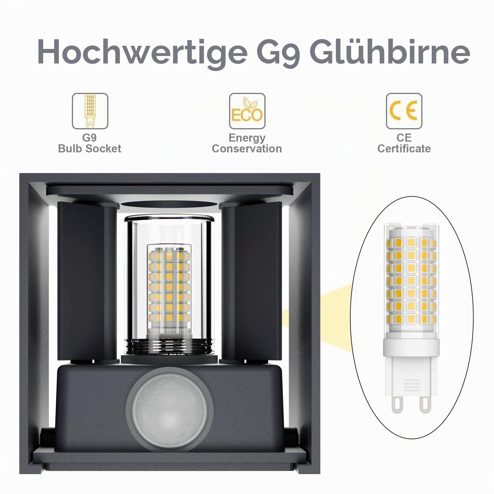 Klighten 4 Stücke Außenwandleuchten mit Bewegungsmelder Warmweiß 3000K Außenlampe mit Bewegungsmelder Wandlampe Einstellbar Abstrahlwinkel, mit Austauschbarer G9 LED Lampe (Anthrazit)