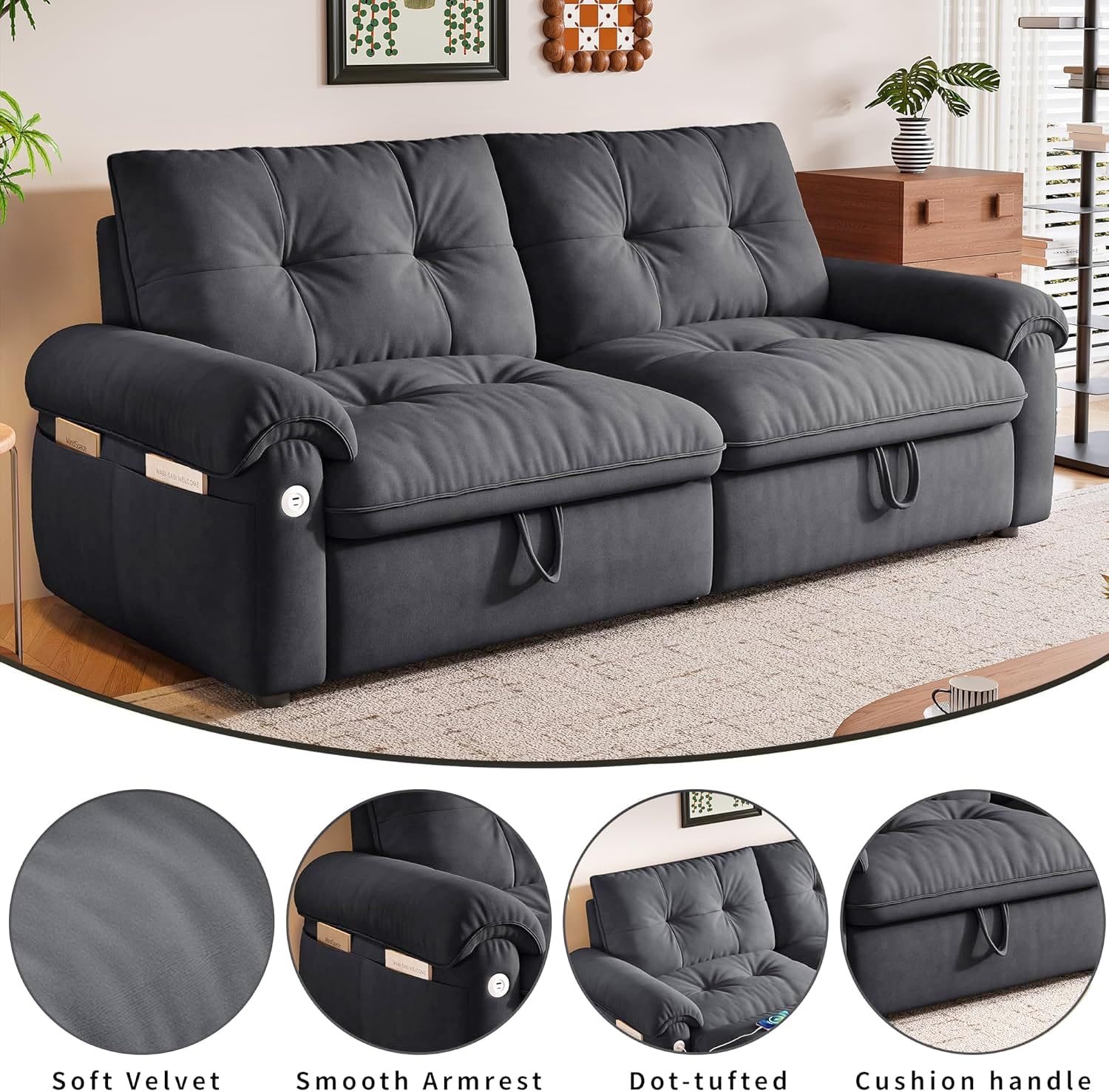 77" Queen Size Sofa Bed, 3-in-1 Convertible Sleeper Sofa Bed with Adjustable Backrest, Modern Velvet Couch with Side Pocket and USB Ports, for Living Rooms, Bedrooms, Small Spaces (Grey, 77.2inch)