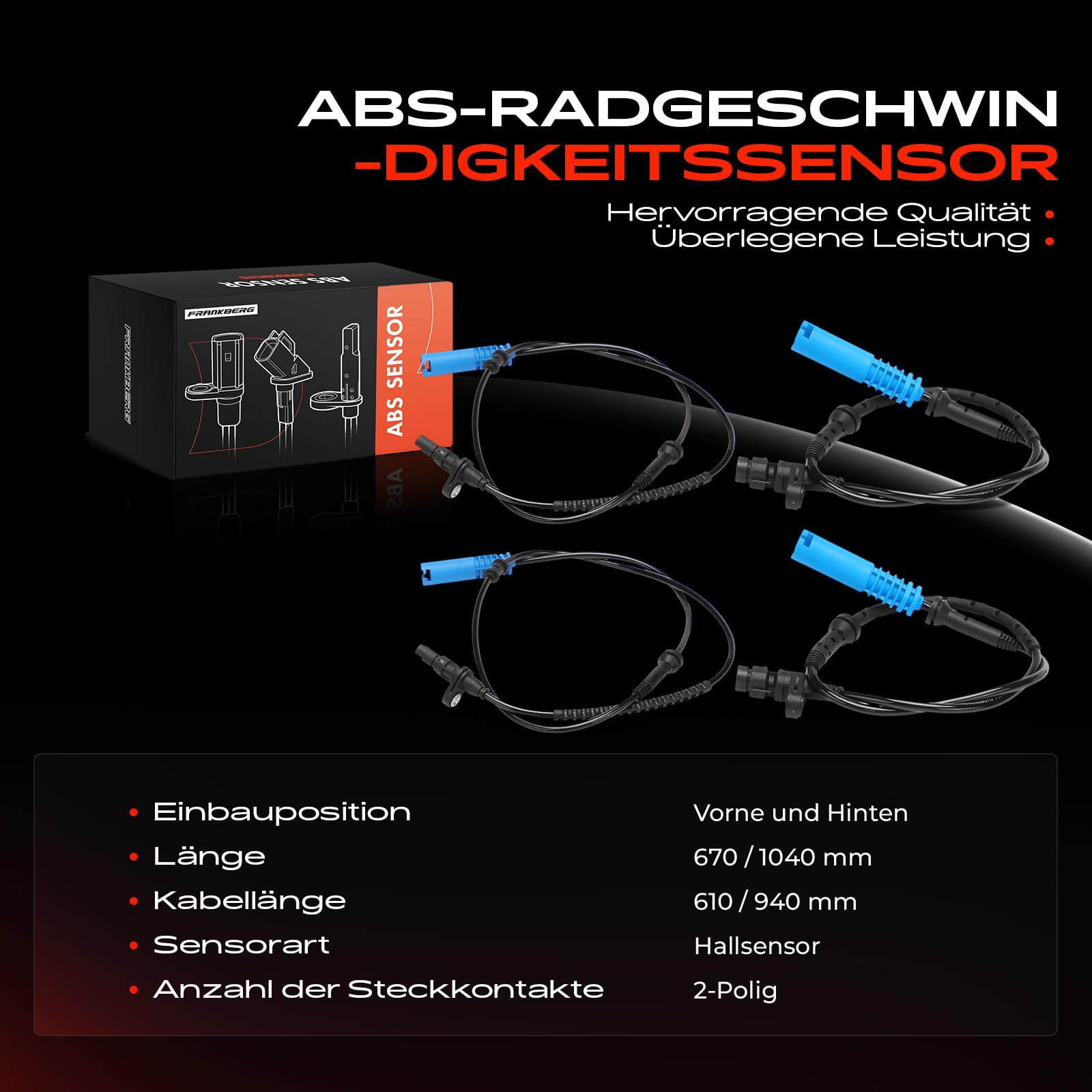 Frankberg 4x Sensor de velocidad de ruedas Sensor ABS 2 Polos Compatible con Serie 7 E38 725tds 728i iL 730d 740i iL 740d 750i iL 1998-2001 Replace# 34526756373,34521165532