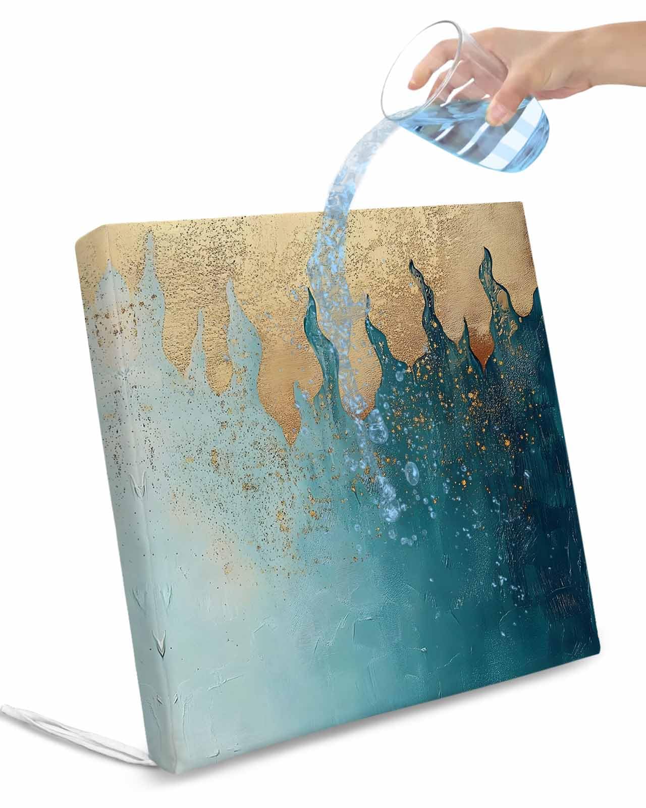 2 Pack Blue Gold Waterproof Cushion Covers with Ties, Outdoor Patio Chaise Lounge Chair Seat Cushion Slip Covers Replacement(Only Cover) Abstract Simple Minimalist Art 22